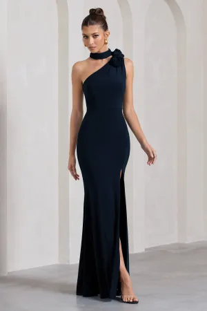 In Suspense | Navy One Shoulder Halter-Neck Split Maxi Dress With Flower Club L London