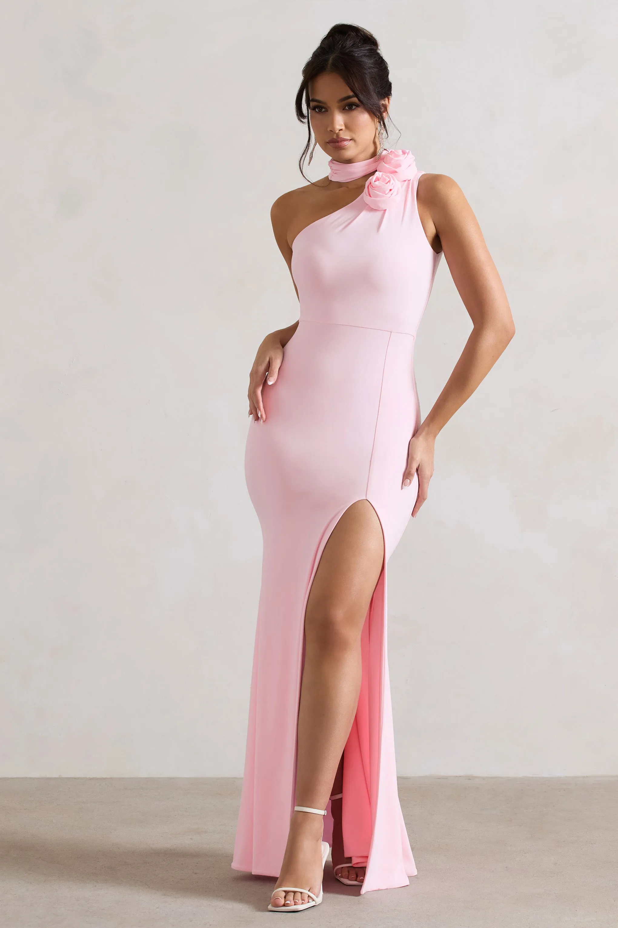In Suspense | Pink One Shoulder Halter-Neck Split Maxi Dress With Flower Club L London