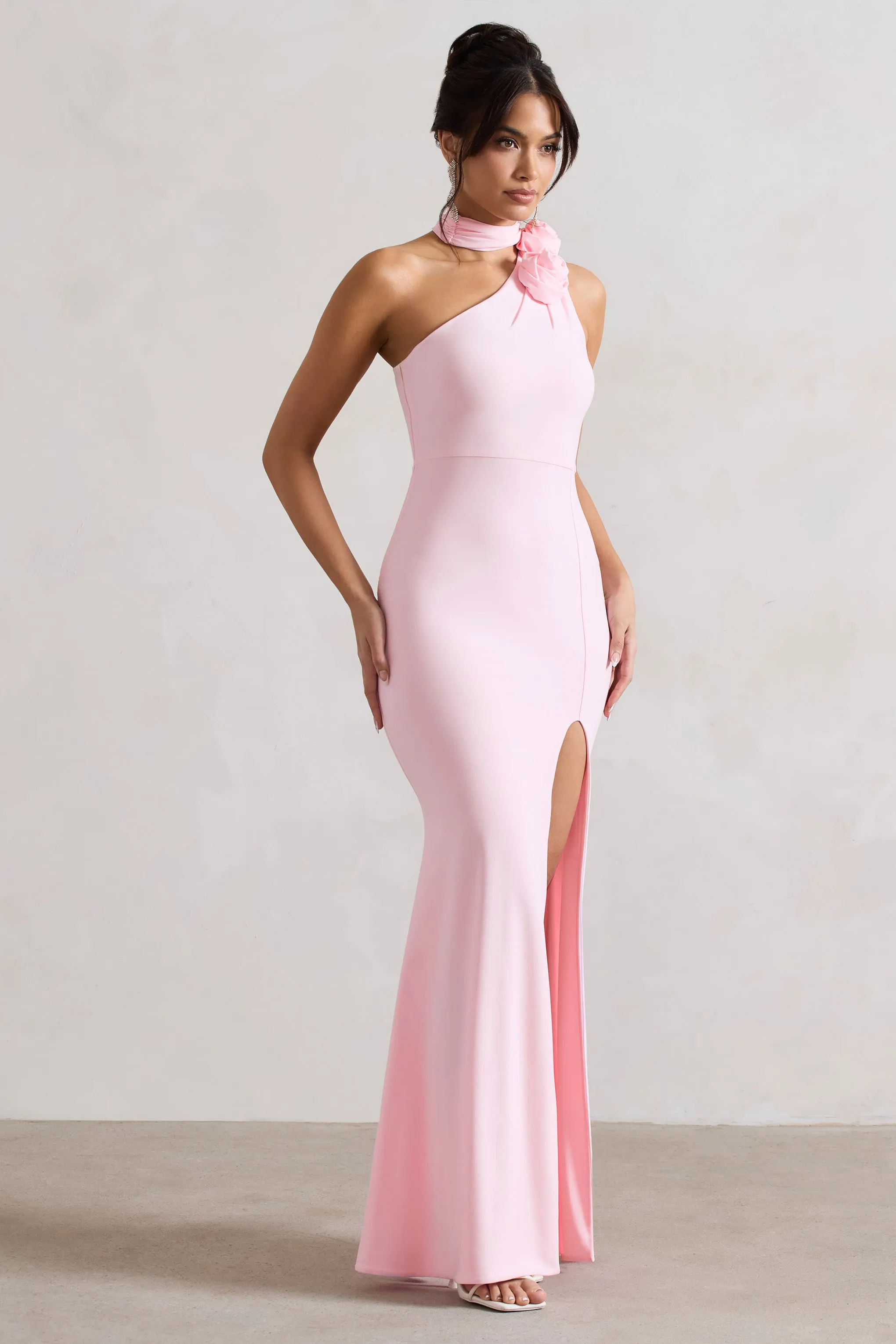 In Suspense | Pink One Shoulder Halter-Neck Split Maxi Dress With Flower Club L London