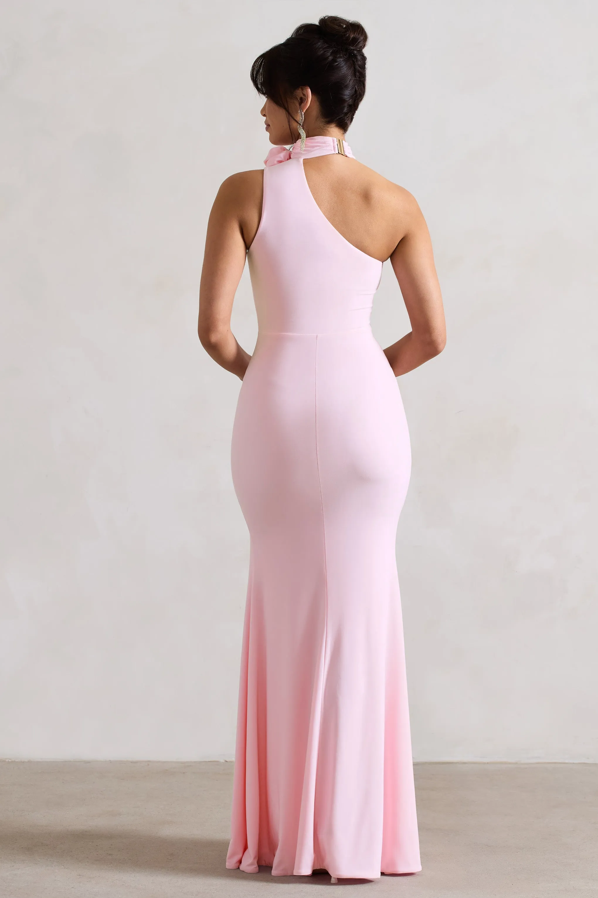 In Suspense | Pink One Shoulder Halter-Neck Split Maxi Dress With Flower Club L London