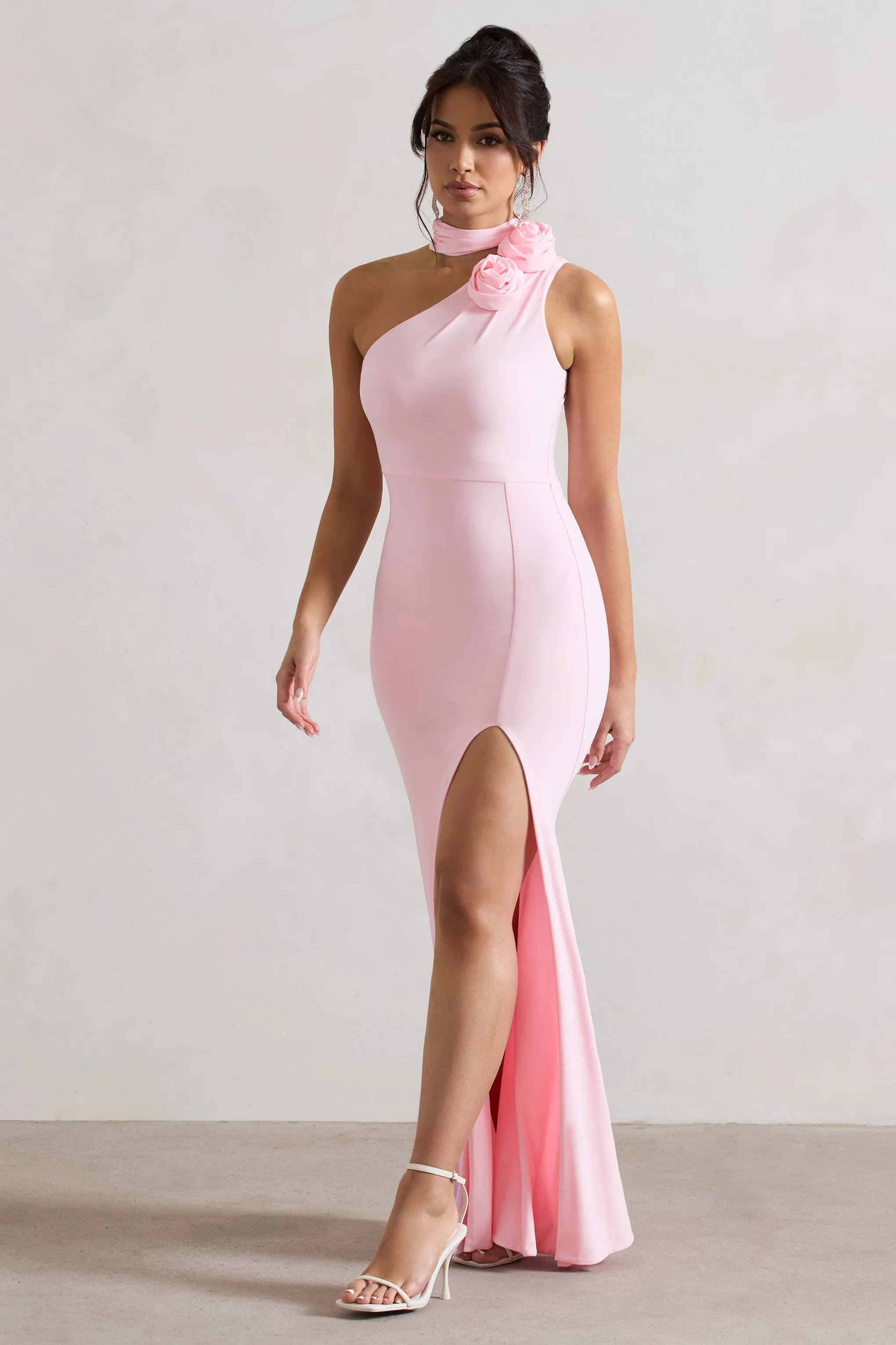 In Suspense | Pink One Shoulder Halter-Neck Split Maxi Dress With Flower Club L London