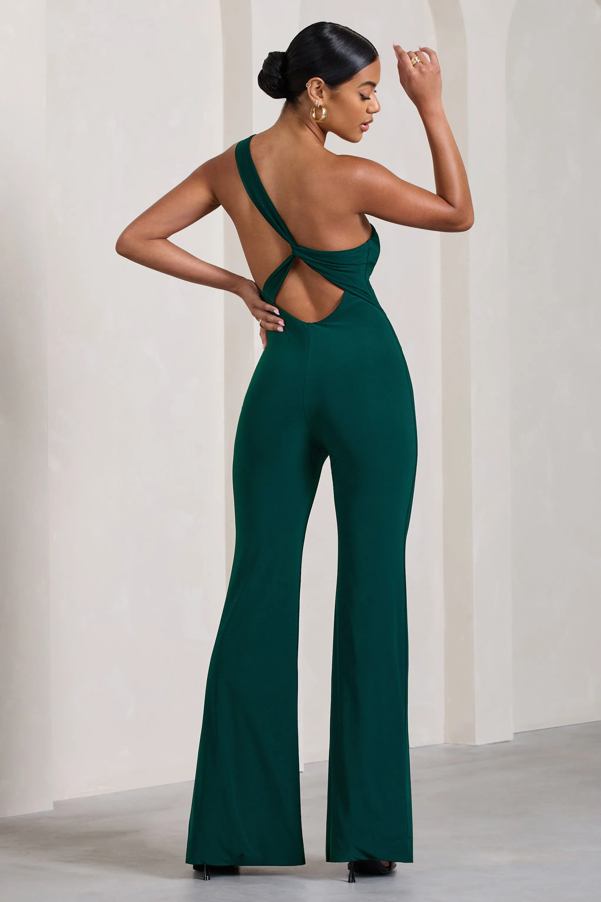 In The Dark | Bottle Green Sleeveless Asymmetric Flared-Leg Jumpsuit Club L London