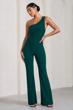 In The Dark | Bottle Green Sleeveless Asymmetric Flared-Leg Jumpsuit Club L London
