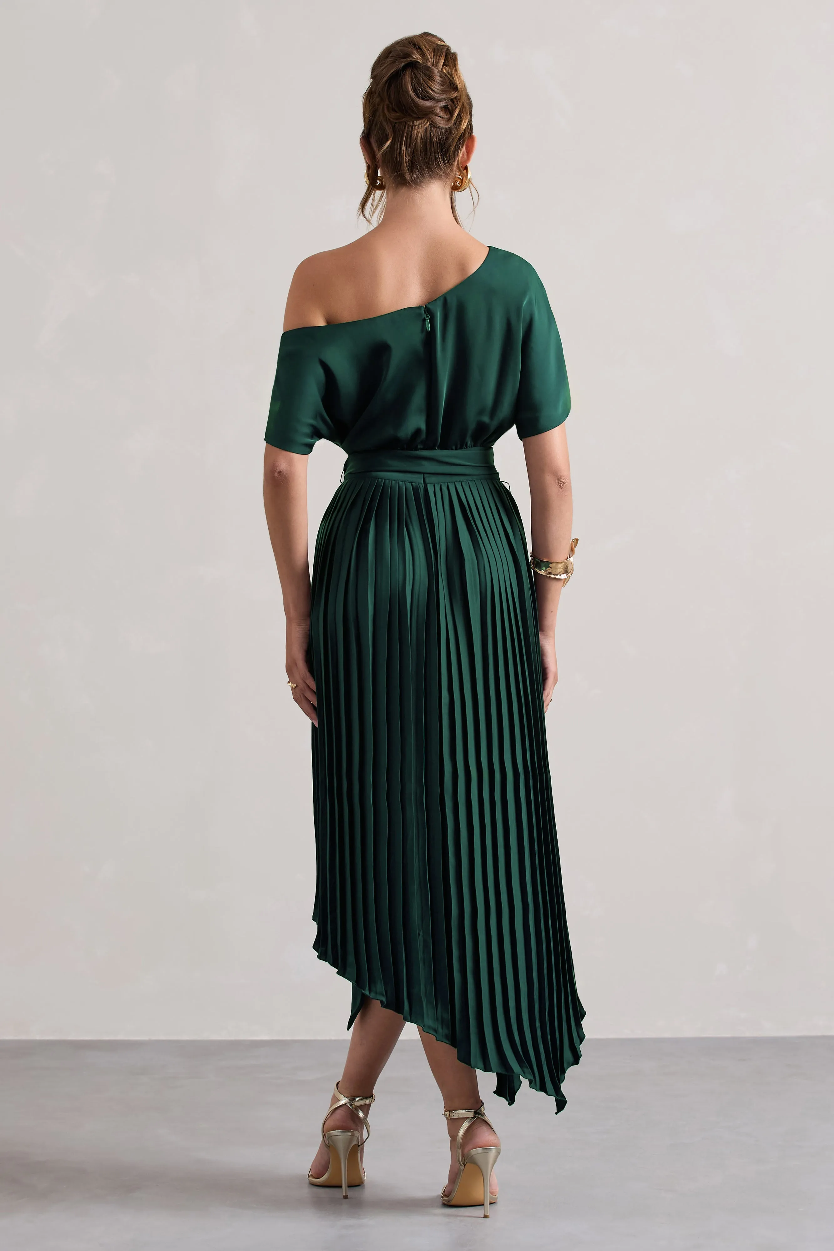 India | Bottle Green Satin Asymmetric Plisse Maxi Dress Club L London