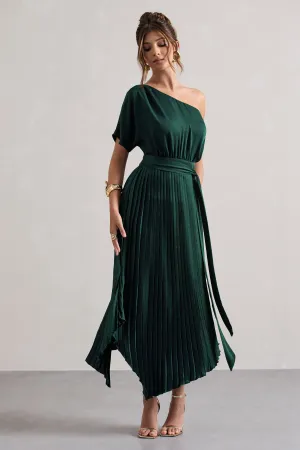 India | Bottle Green Satin Asymmetric Plisse Maxi Dress Club L London