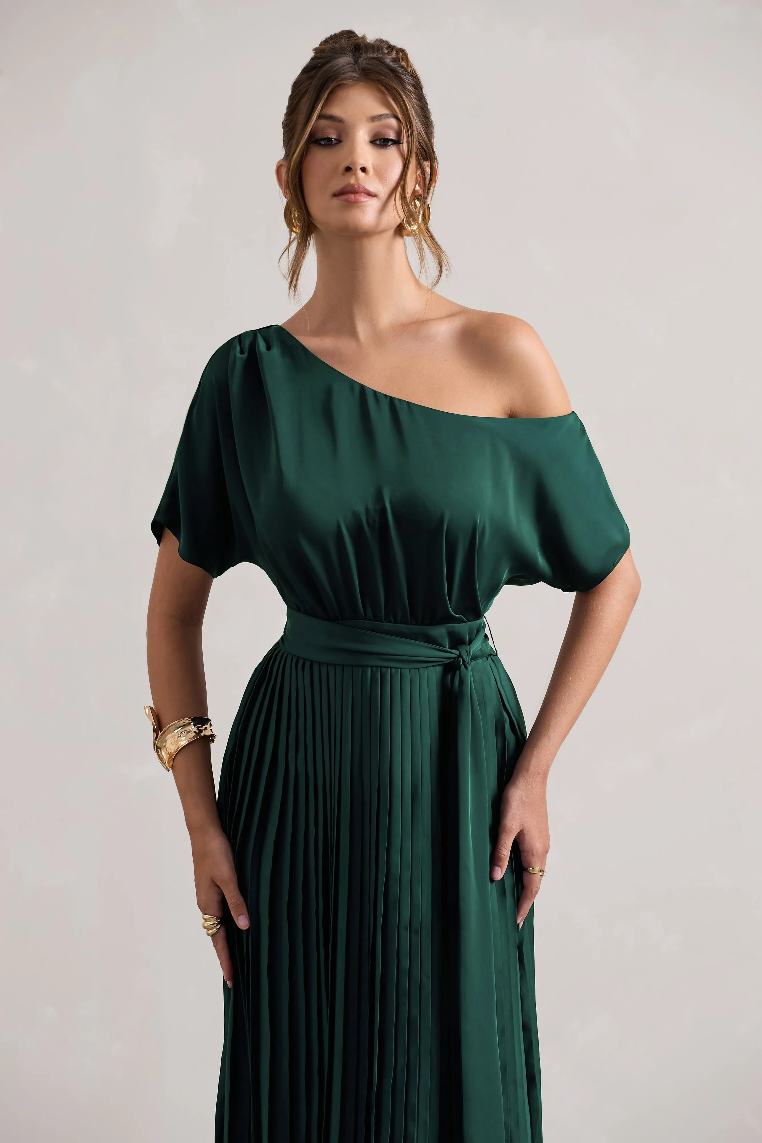 India | Bottle Green Satin Asymmetric Plisse Maxi Dress Club L London