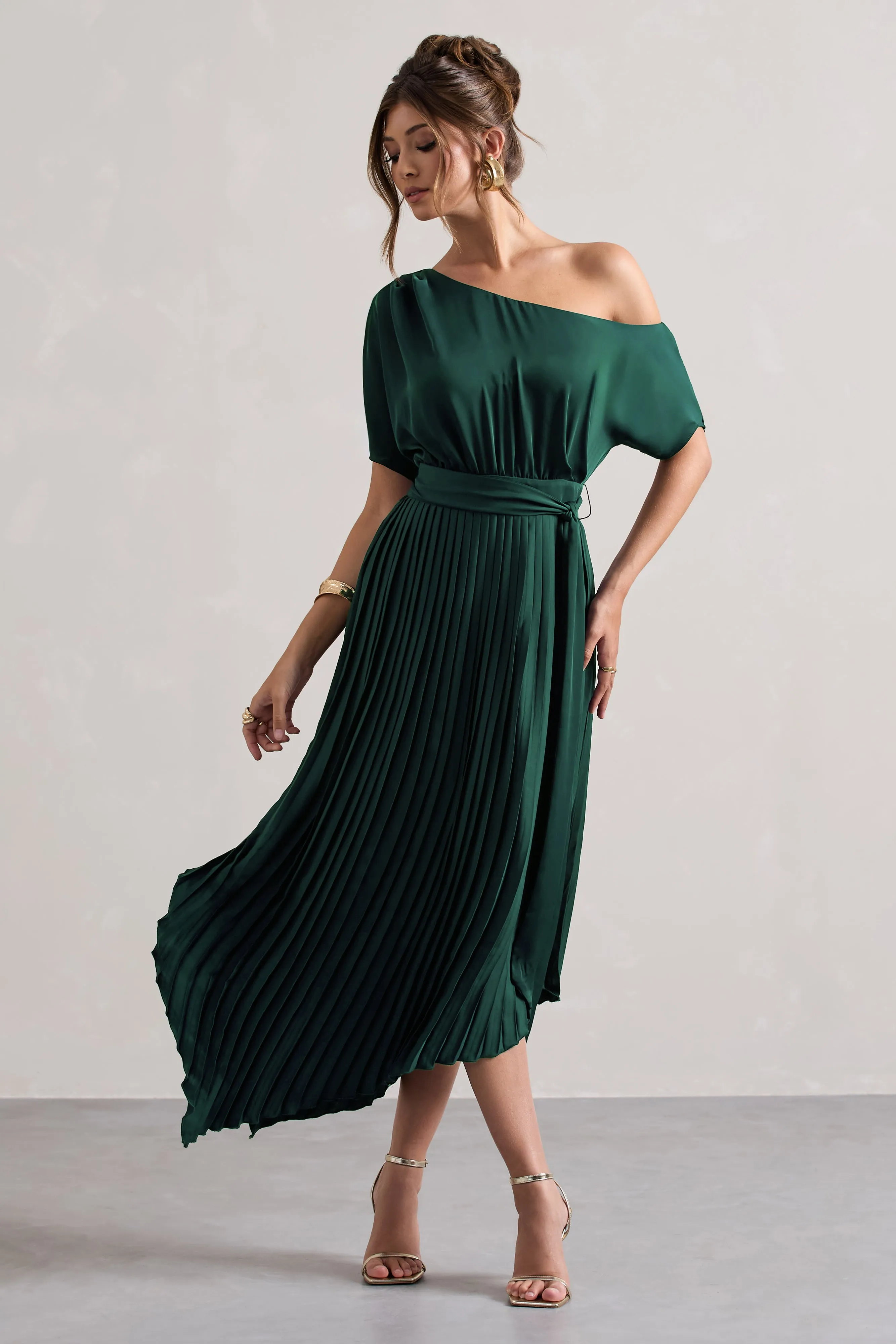 India | Bottle Green Satin Asymmetric Plisse Maxi Dress Club L London