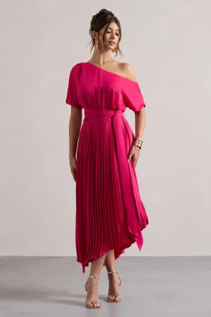 India | Hot Pink Satin Asymmetric Plisse Maxi Dress Club L London