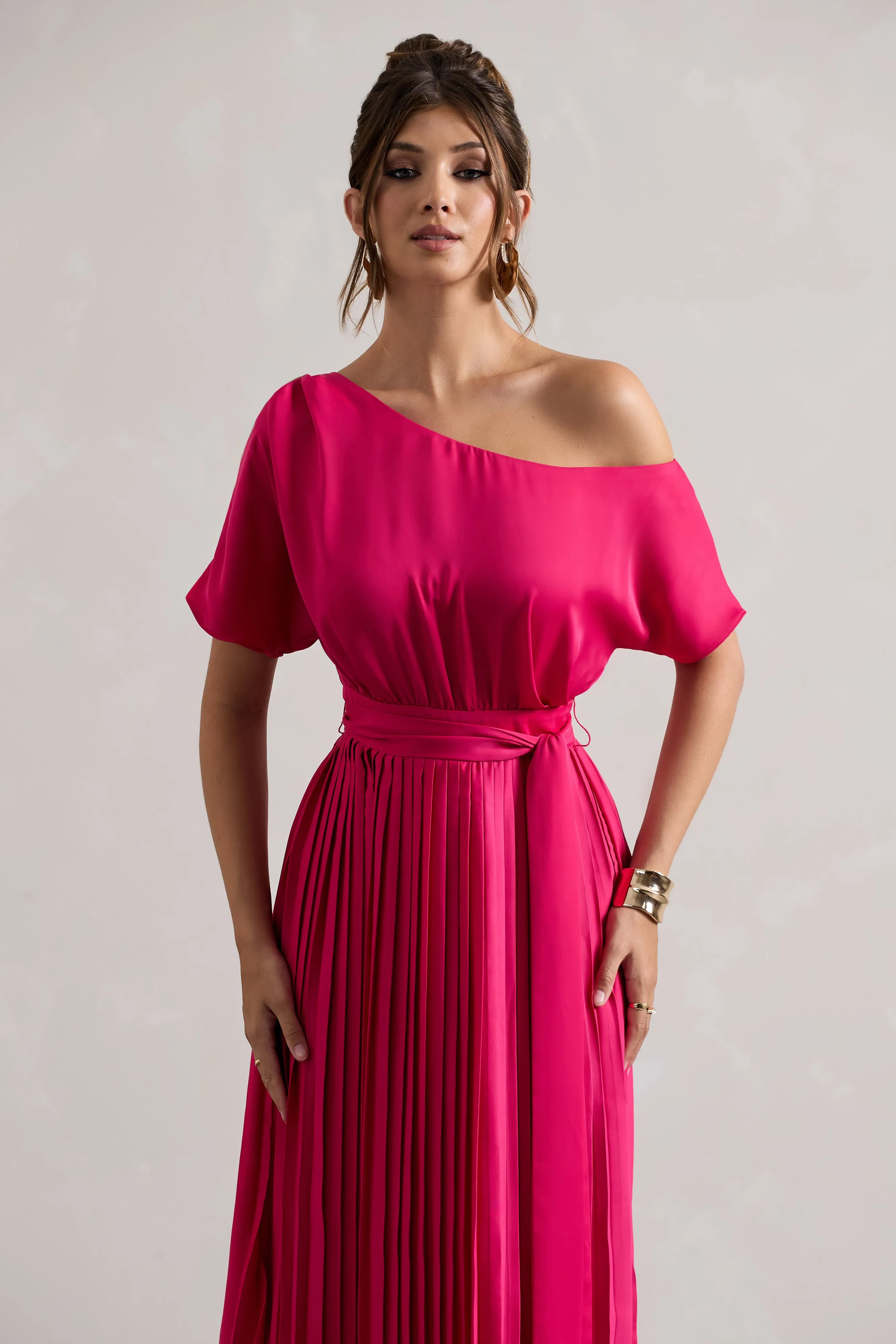 India | Hot Pink Satin Asymmetric Plisse Maxi Dress Club L London