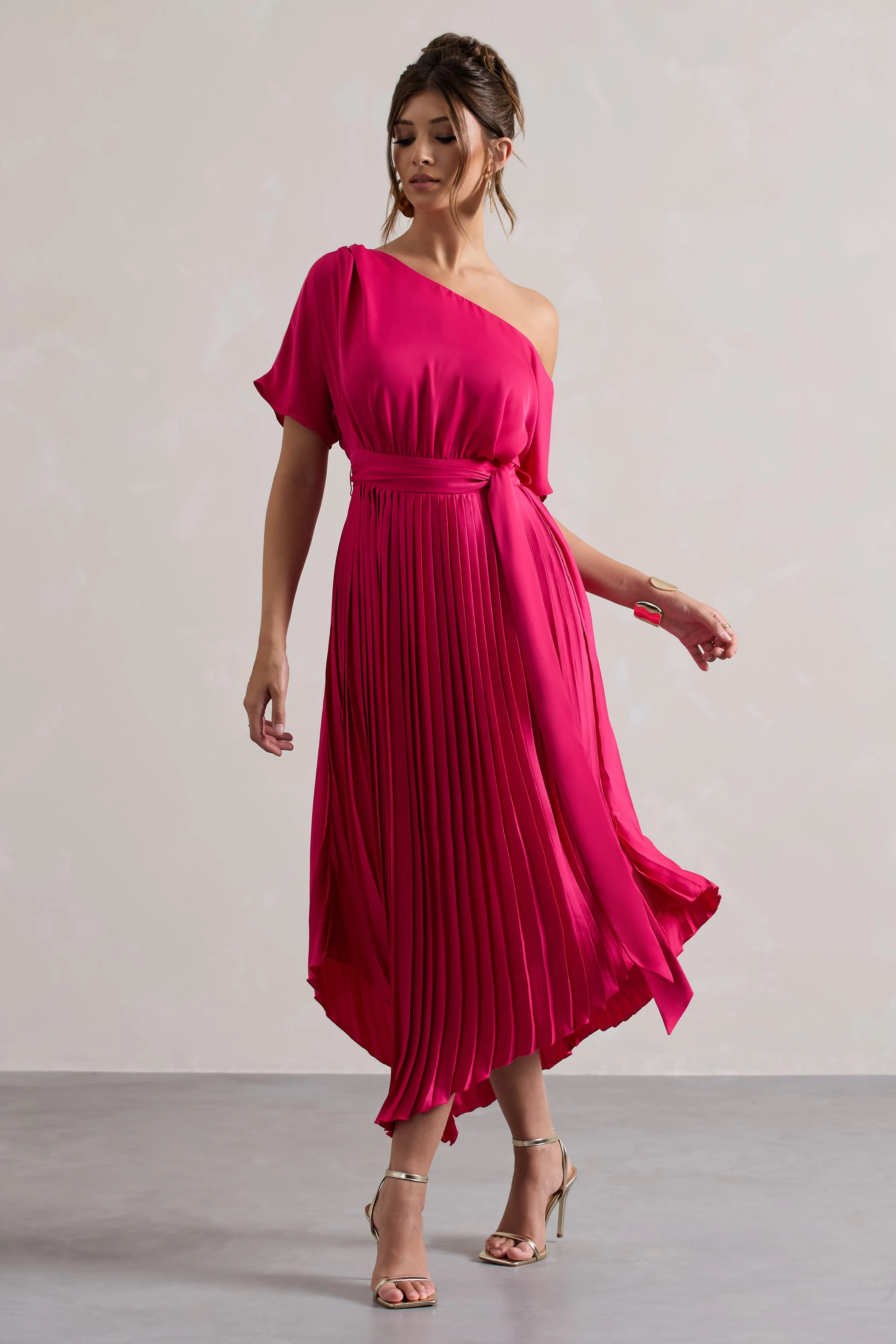 India | Hot Pink Satin Asymmetric Plisse Maxi Dress Club L London