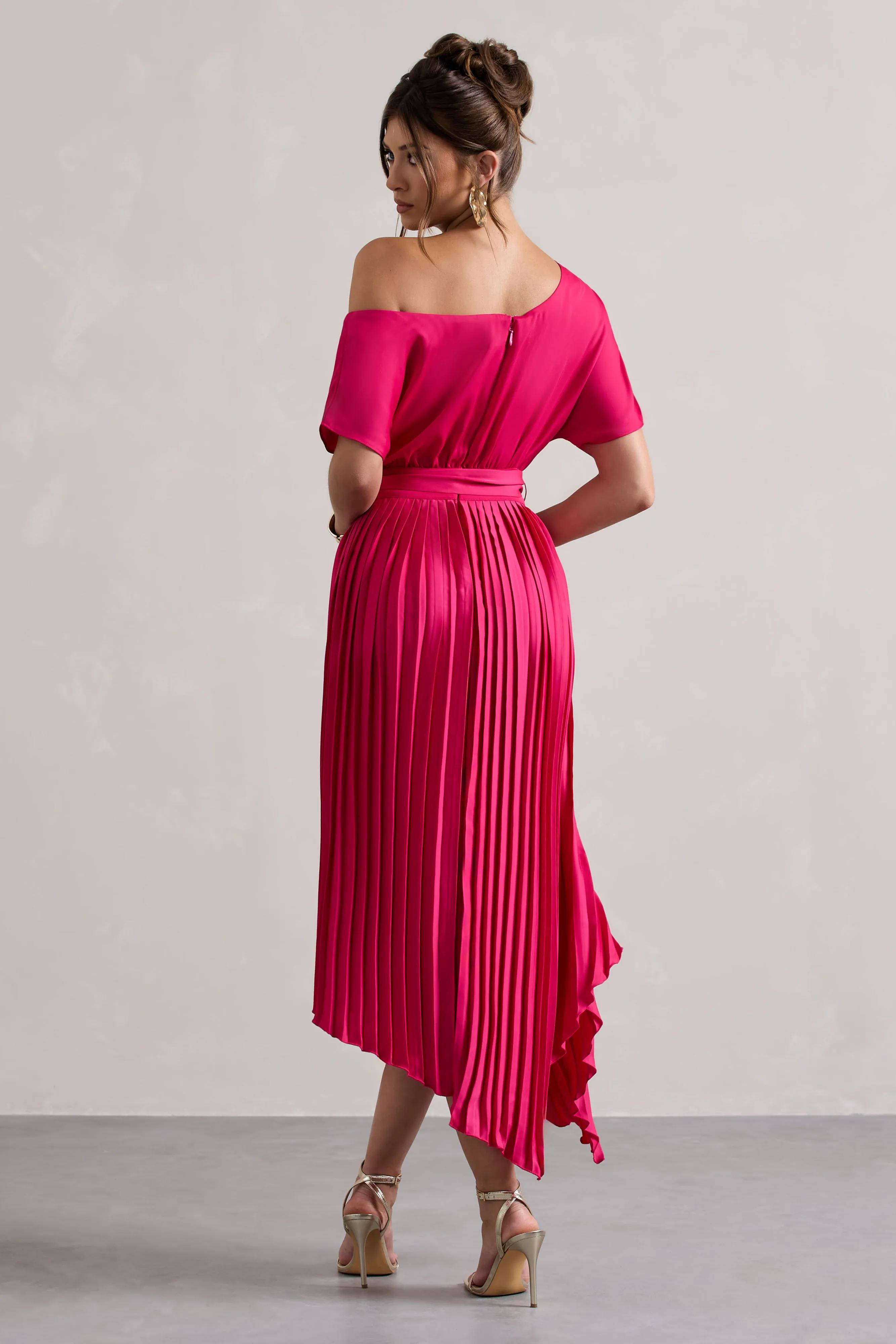 India | Hot Pink Satin Asymmetric Plisse Maxi Dress Club L London