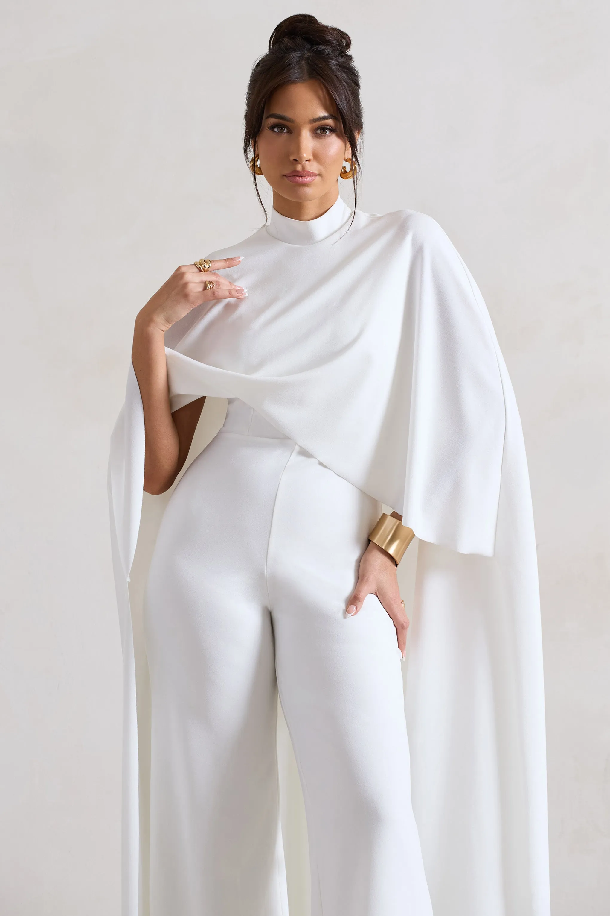 Indra | White High-Neck Wide-Leg Cape Jumpsuit Club L London
