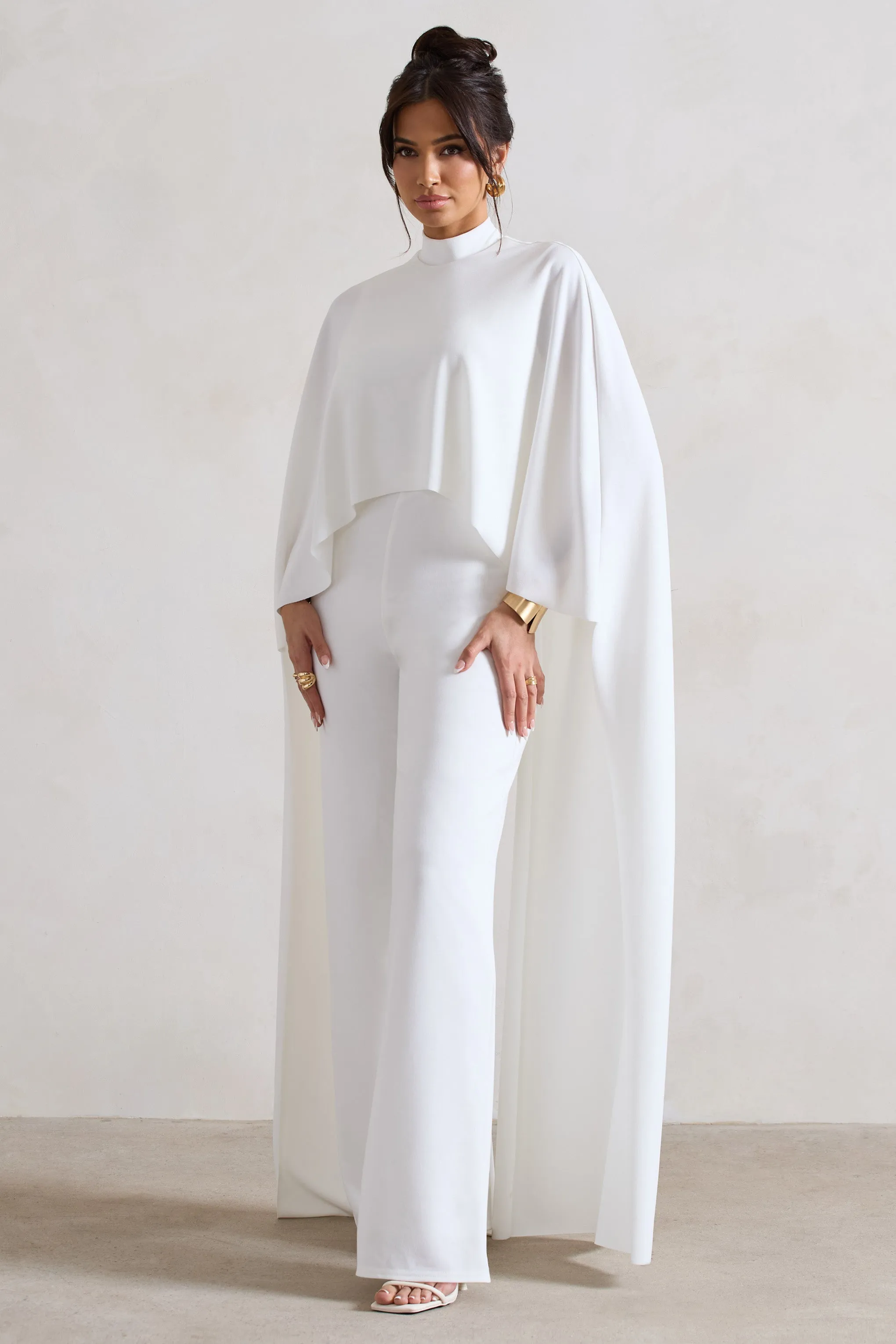 Indra | White High-Neck Wide-Leg Cape Jumpsuit Club L London