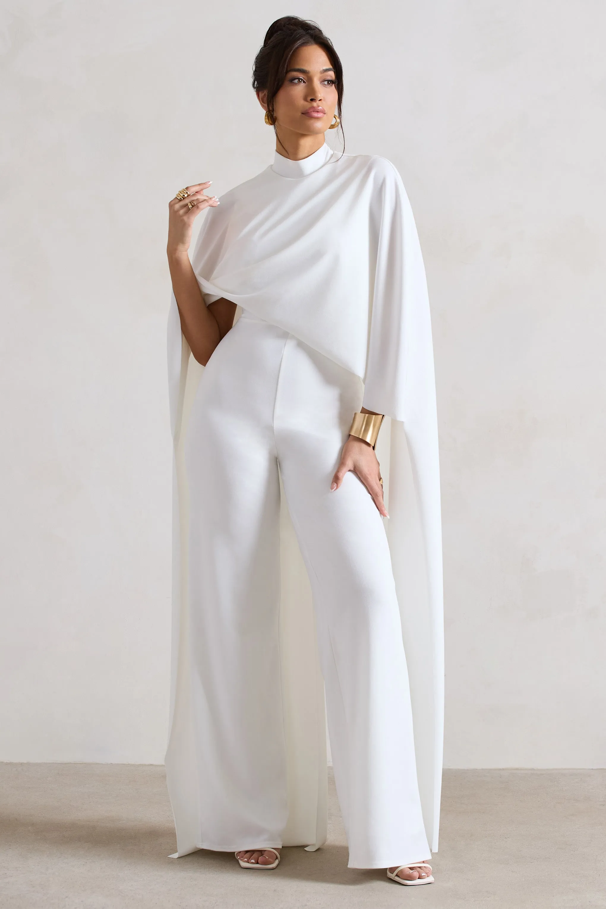 Indra | White High-Neck Wide-Leg Cape Jumpsuit Club L London