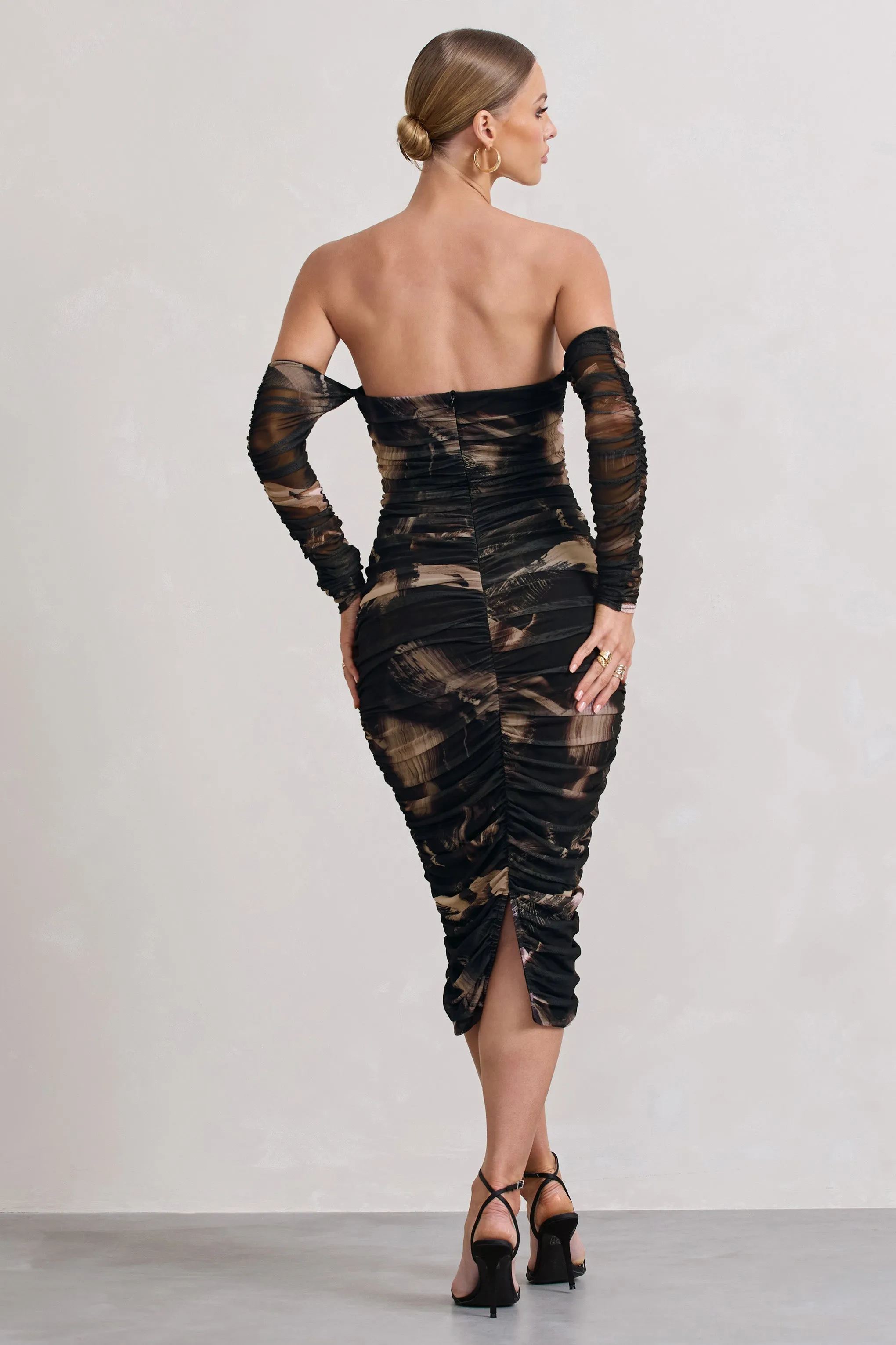 Indy | Brown Print Ruched Strapless Long-Sleeve Midi Dress Club L London