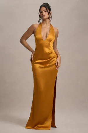 Inferno | Mustard Satin Plunge-Neck Gathered Split Maxi Dress Club L London