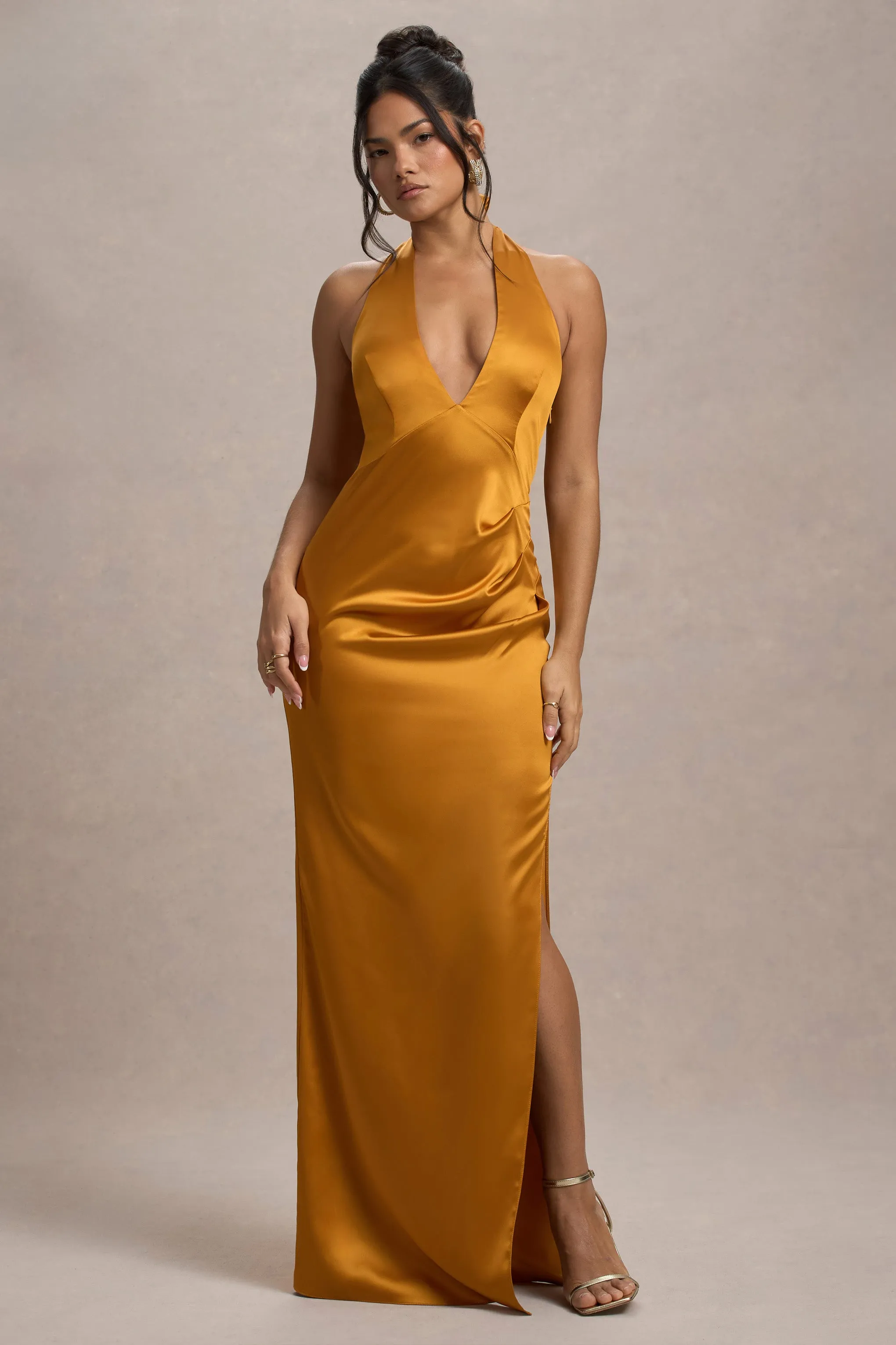 Inferno | Mustard Satin Plunge-Neck Gathered Split Maxi Dress Club L London
