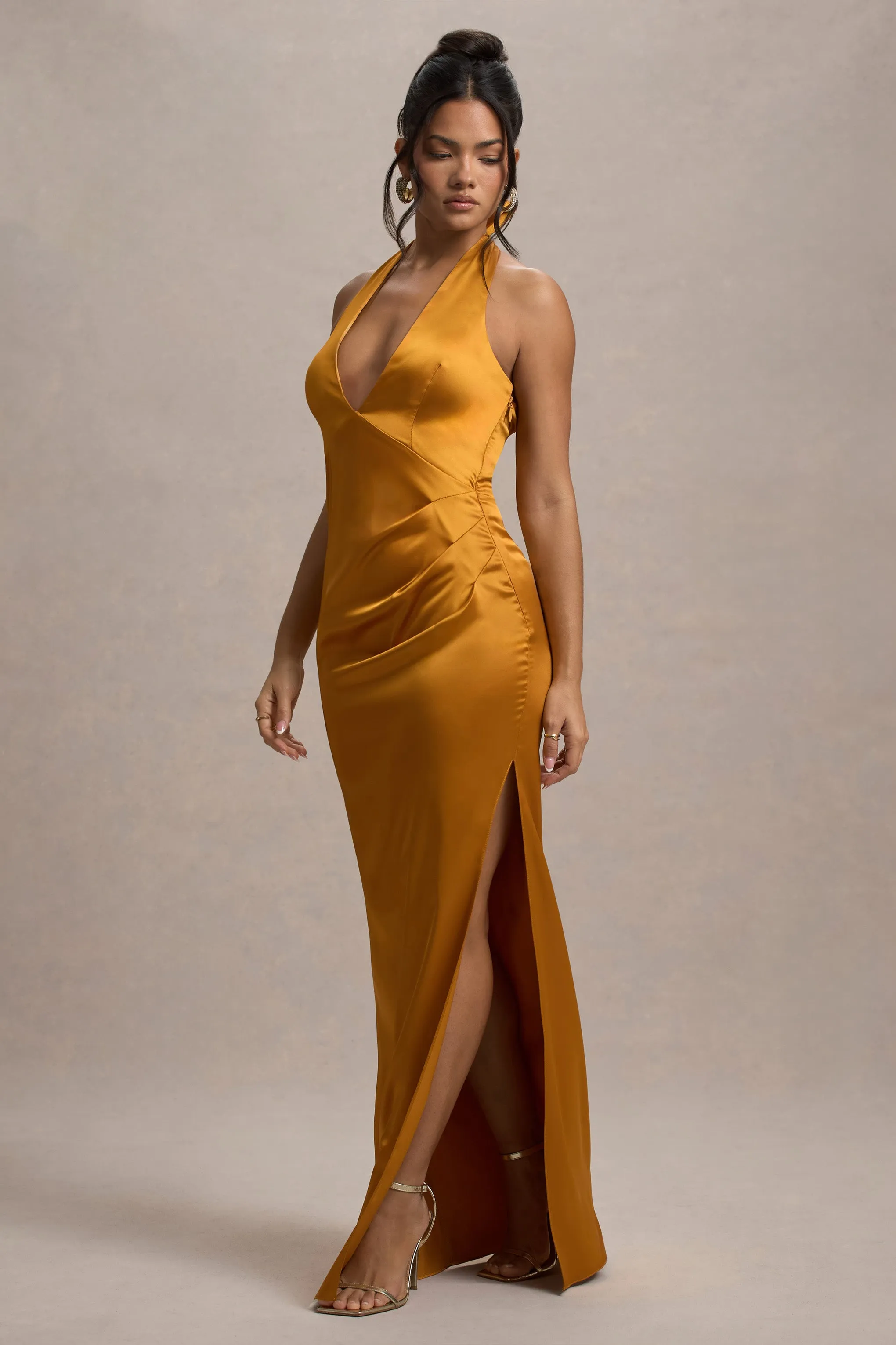 Inferno | Mustard Satin Plunge-Neck Gathered Split Maxi Dress Club L London