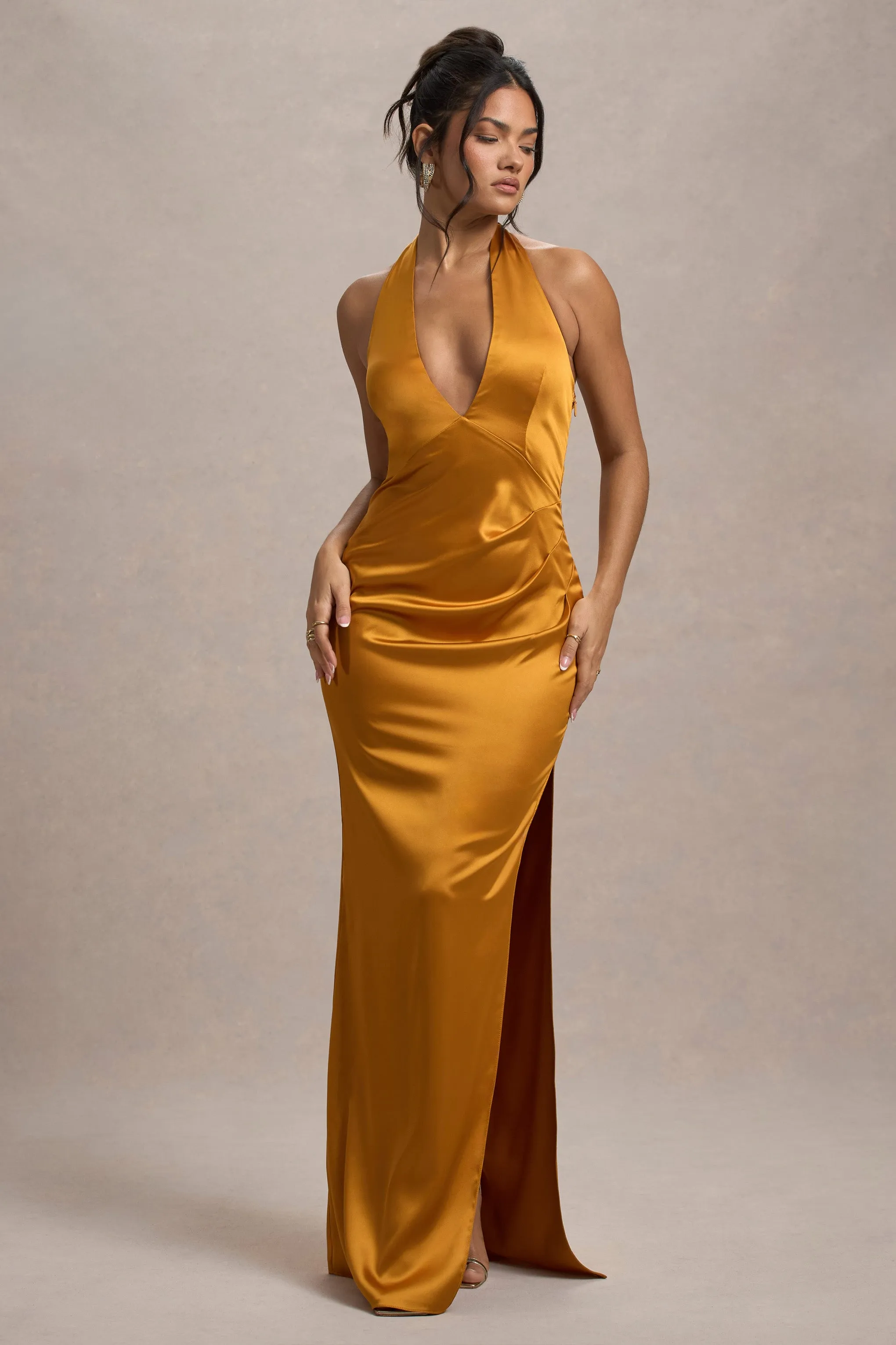 Inferno | Mustard Satin Plunge-Neck Gathered Split Maxi Dress Club L London