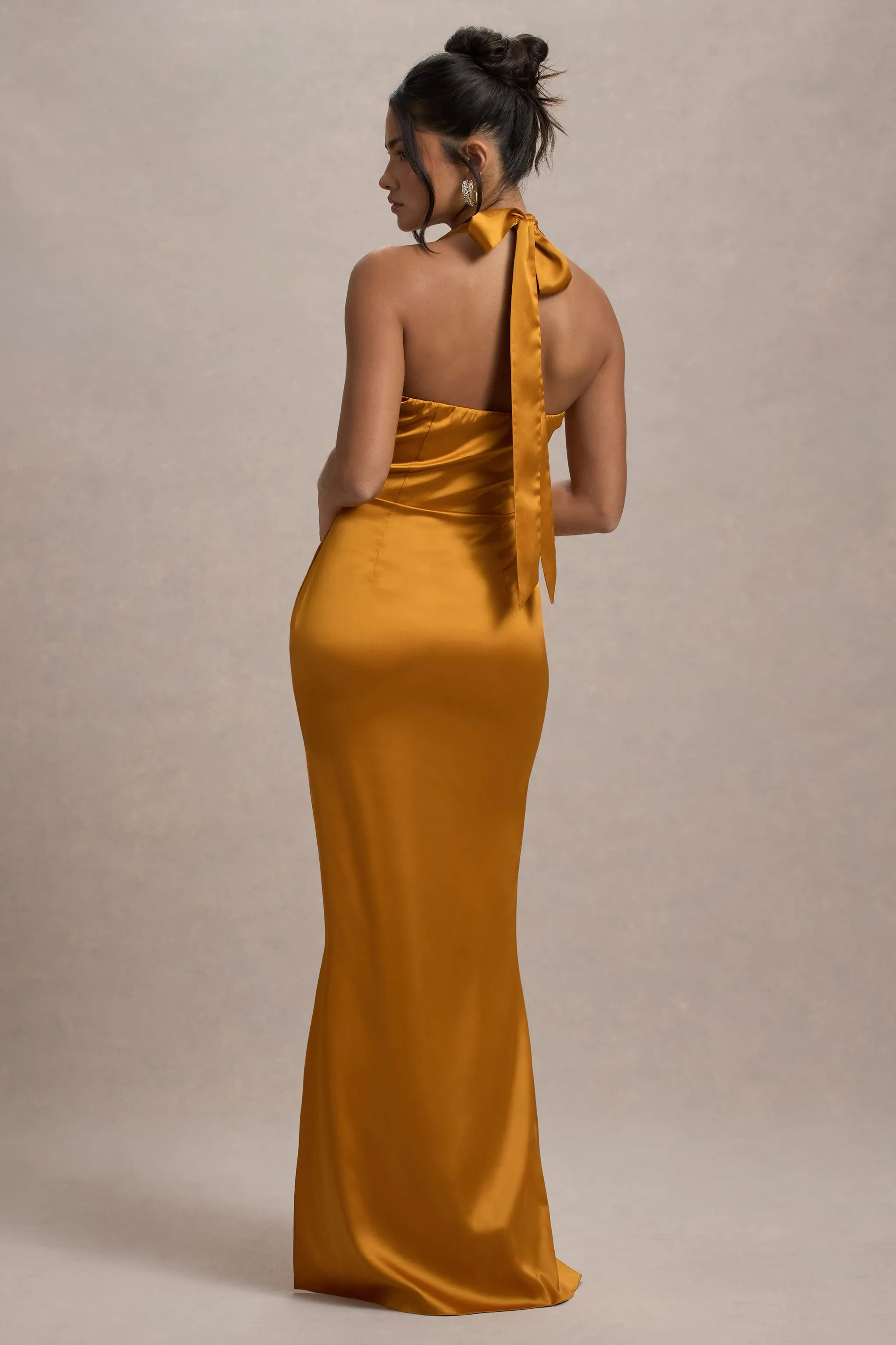 Inferno | Mustard Satin Plunge-Neck Gathered Split Maxi Dress Club L London