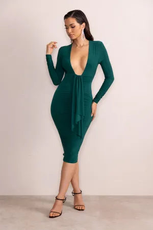 Inspirational | Bottle Green Plunge Neck Long Sleeves Ruched Midi Dress With Drape Detail Club L London