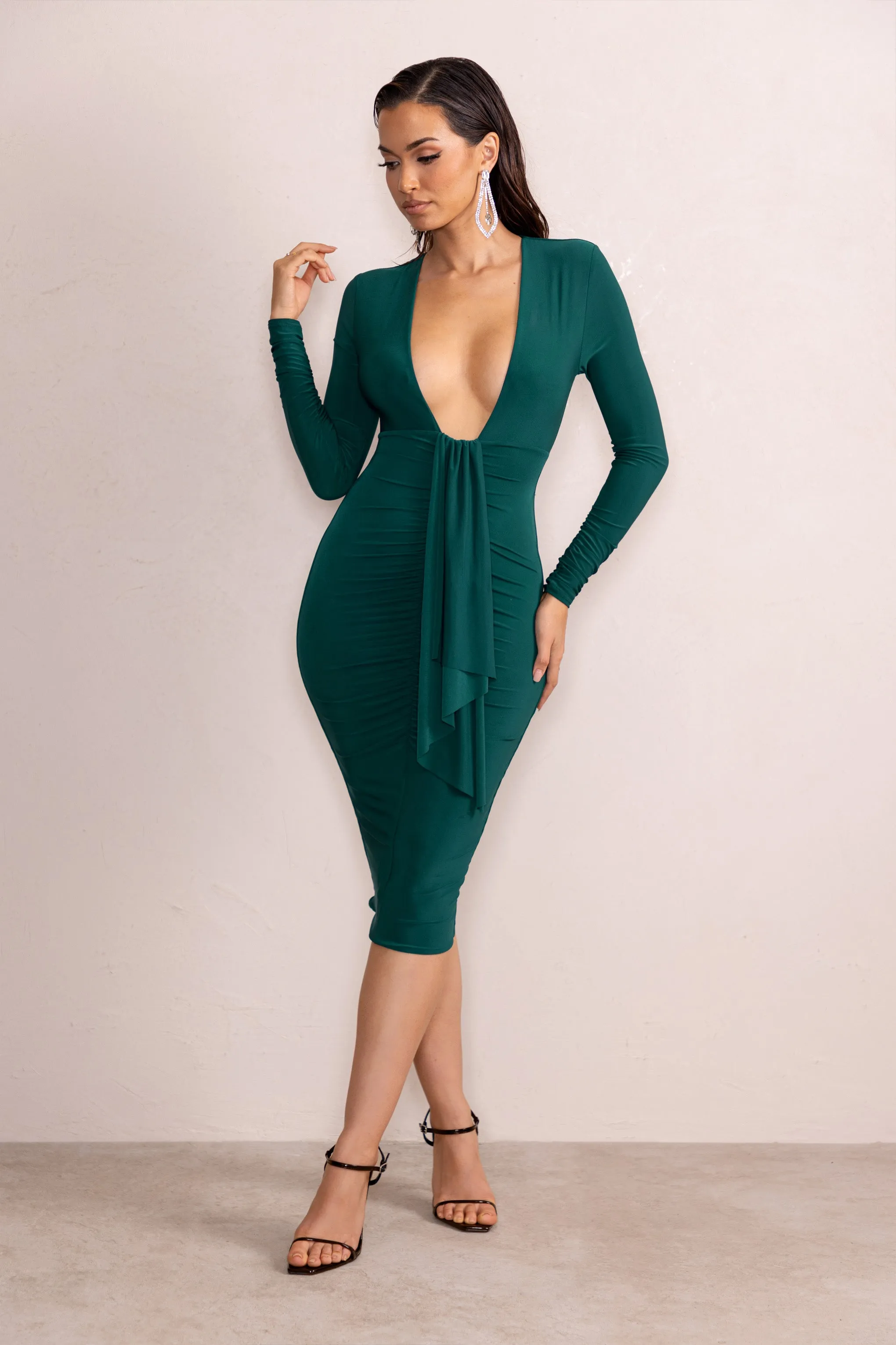 Inspirational | Bottle Green Plunge Neck Long Sleeves Ruched Midi Dress With Drape Detail Club L London