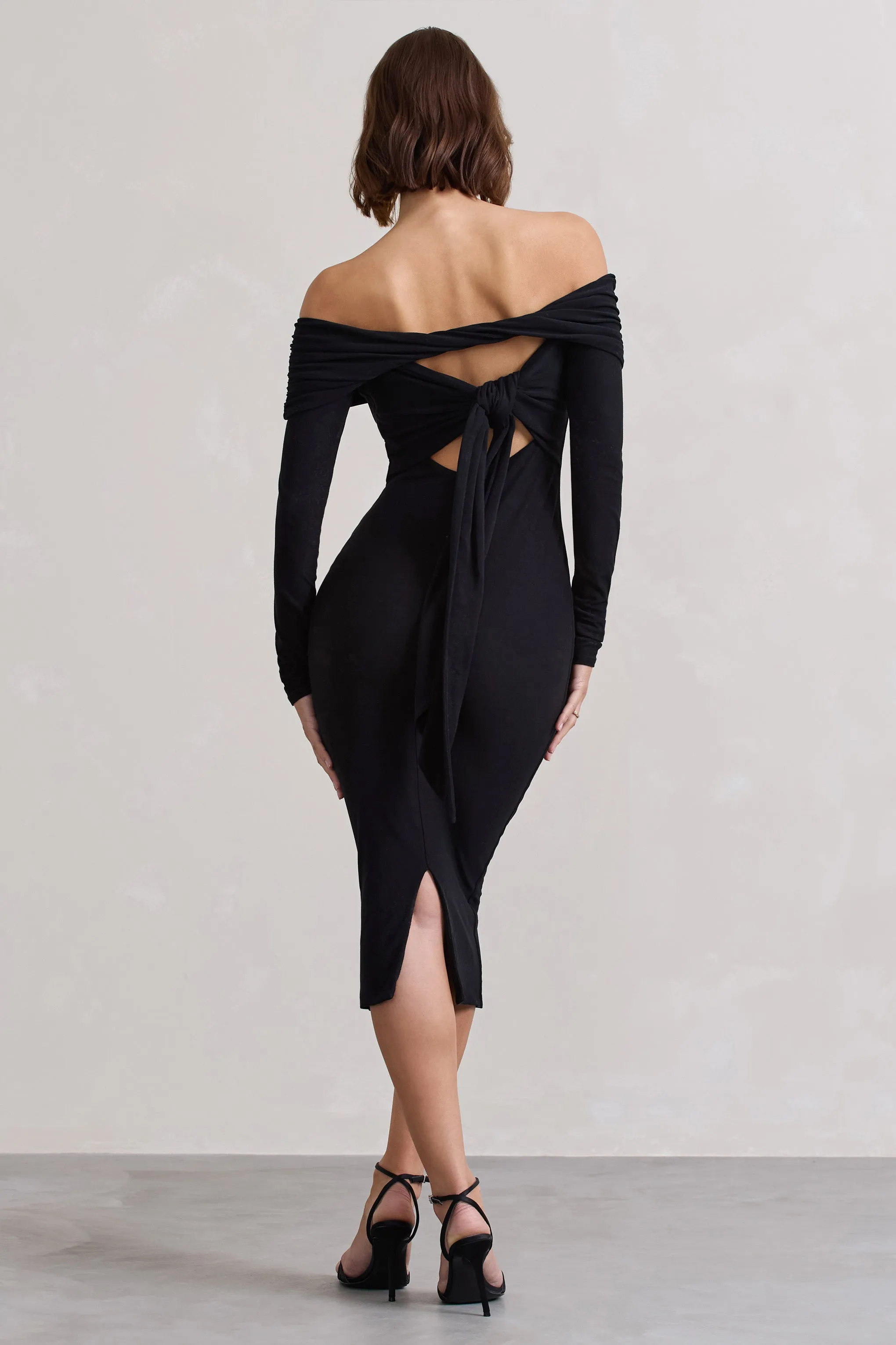 Intercept | Black Bodycon Bardot Tie-Back Midi Dress Club L London