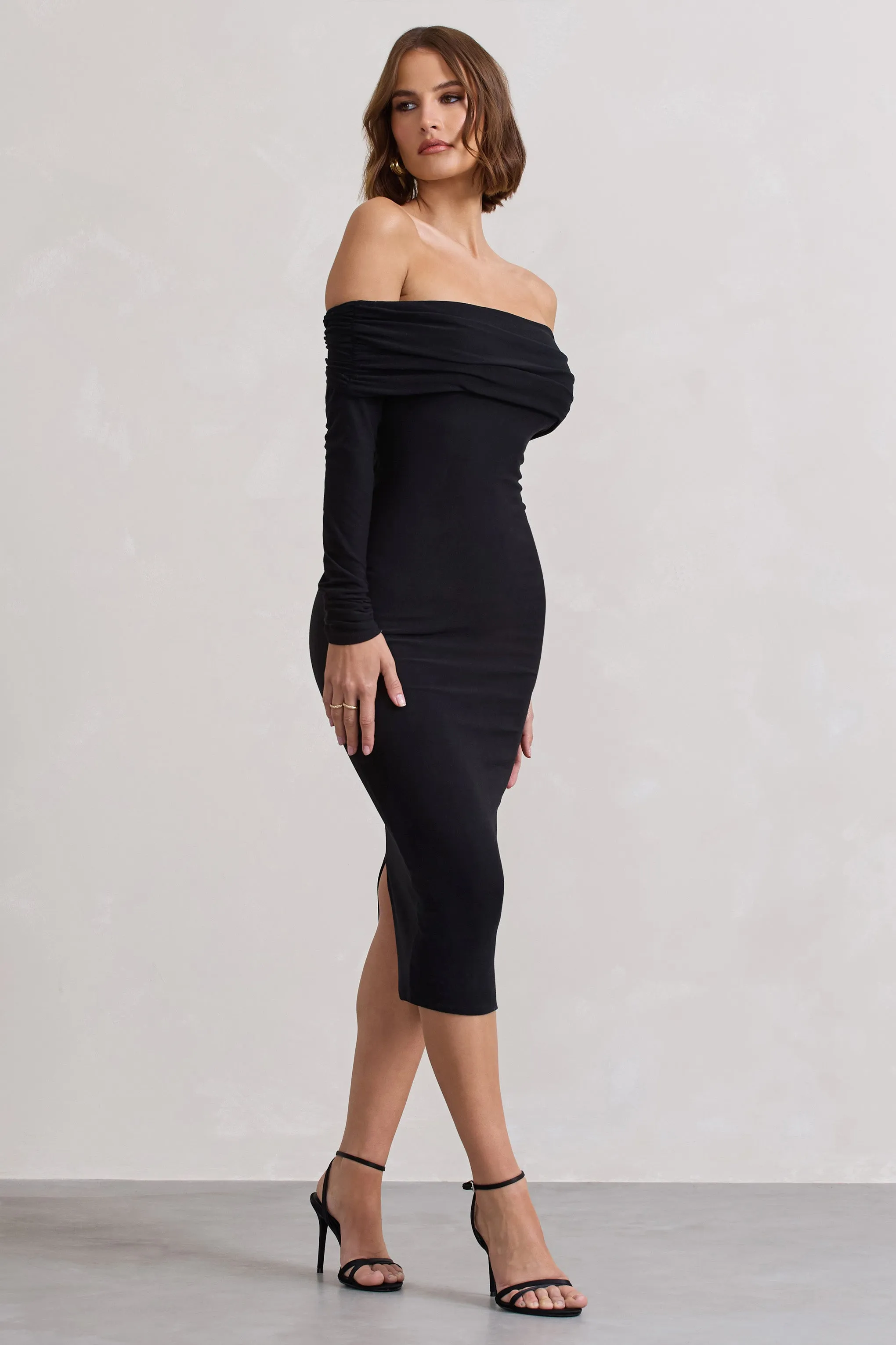 Intercept | Black Bodycon Bardot Tie-Back Midi Dress Club L London