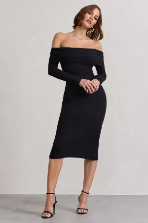 Intercept | Black Bodycon Bardot Tie-Back Midi Dress Club L London