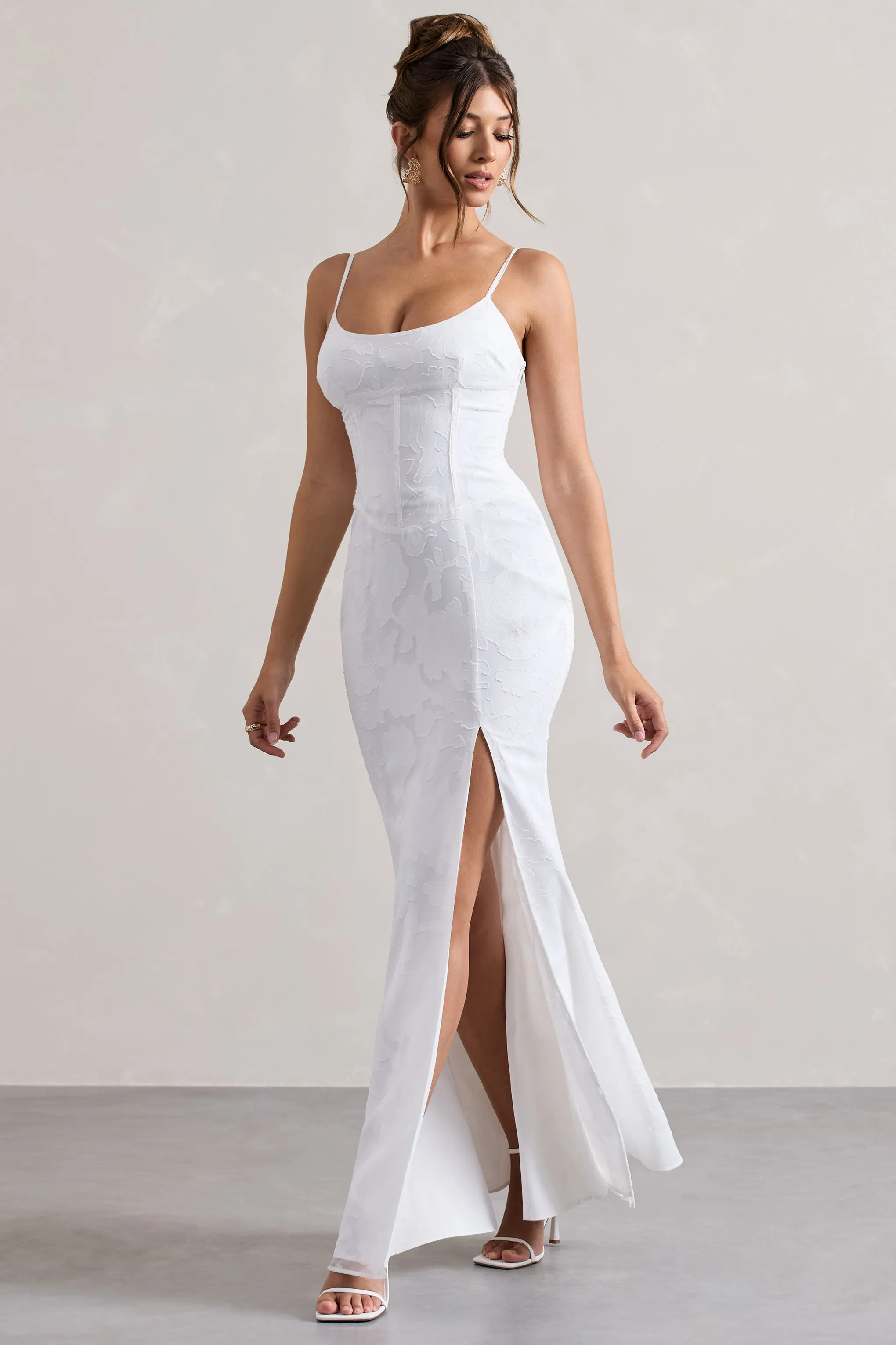 Intimacy | White Lace Corset Split Maxi Dress Club L London