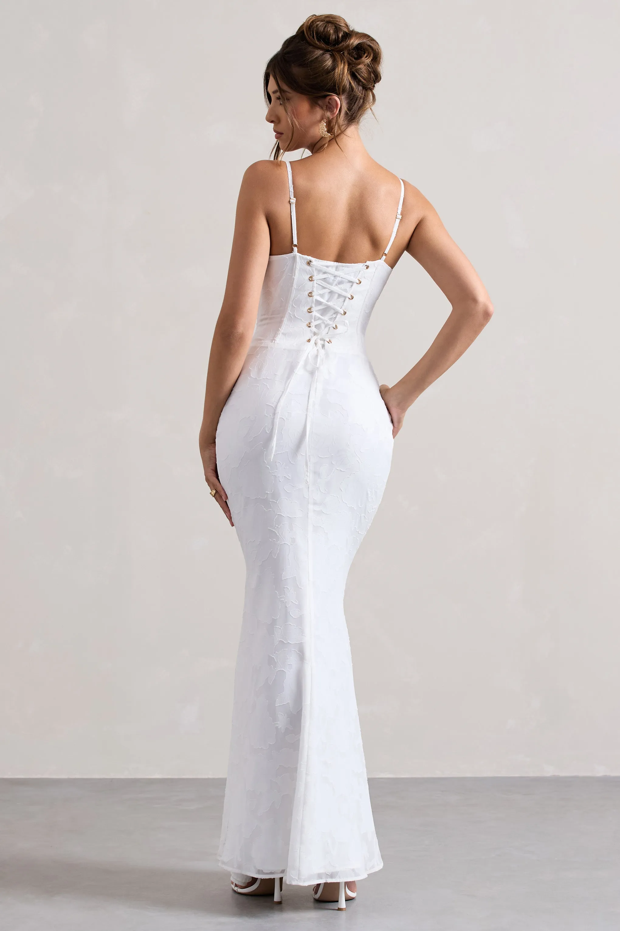 Intimacy | White Lace Corset Split Maxi Dress Club L London