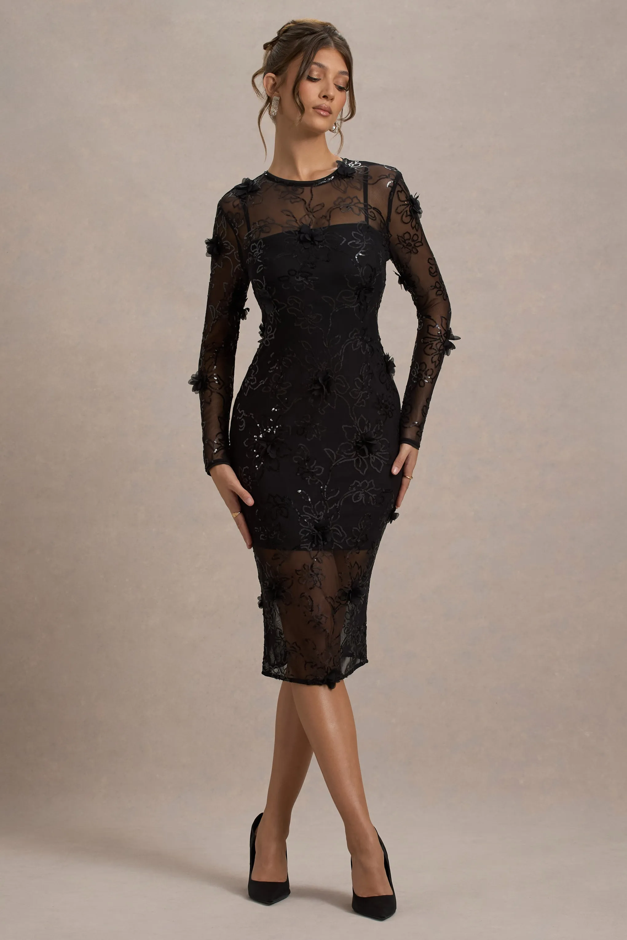 Intimate | Black Sequin Sheer Midi Dress With Flowers Club L London