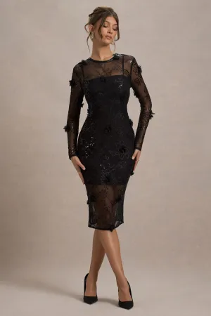 Intimate | Black Sequin Sheer Midi Dress With Flowers Club L London