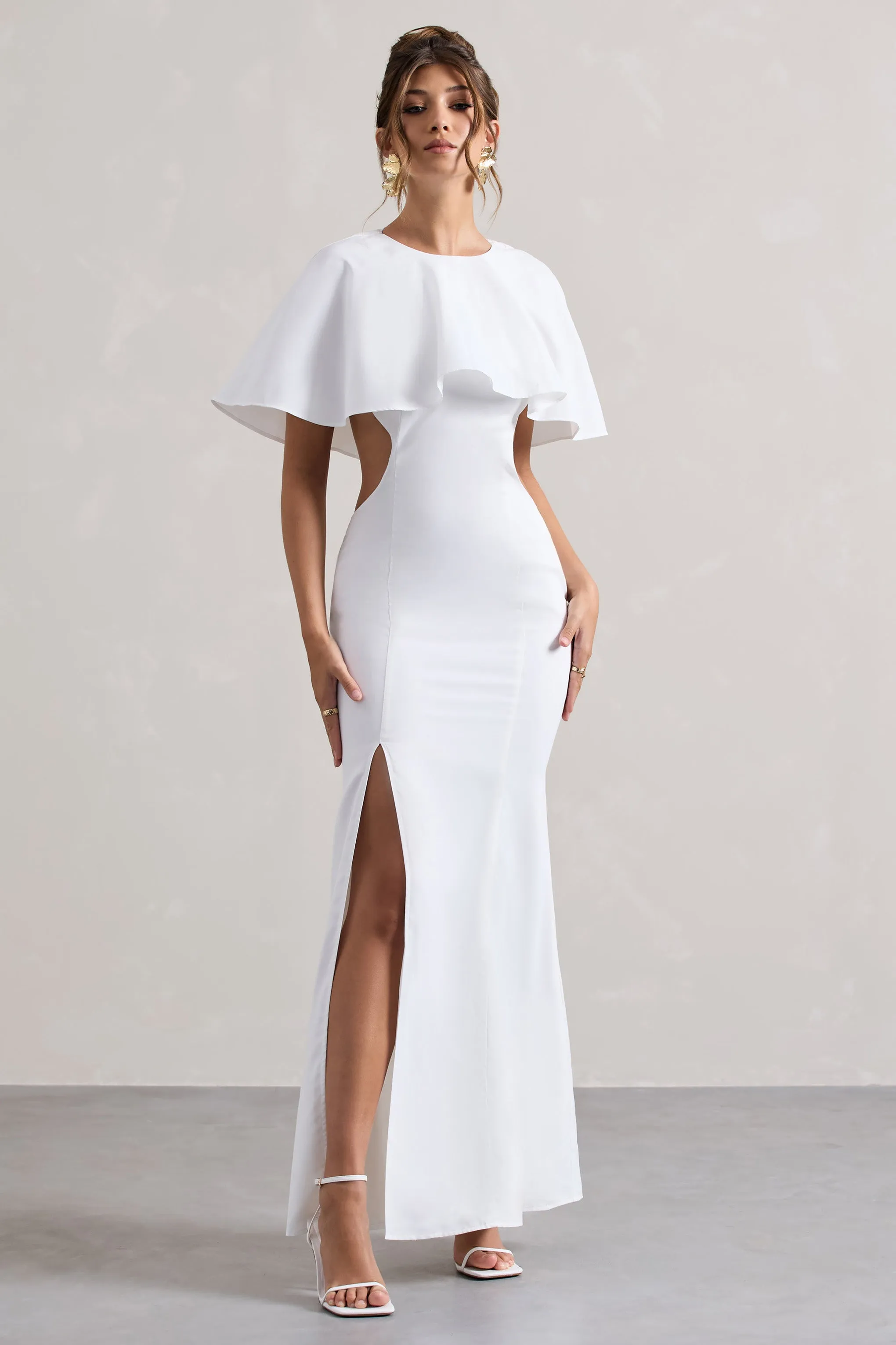 Isadora | Ivory Cut-Out Split Maxi Dress With Cape Club L London