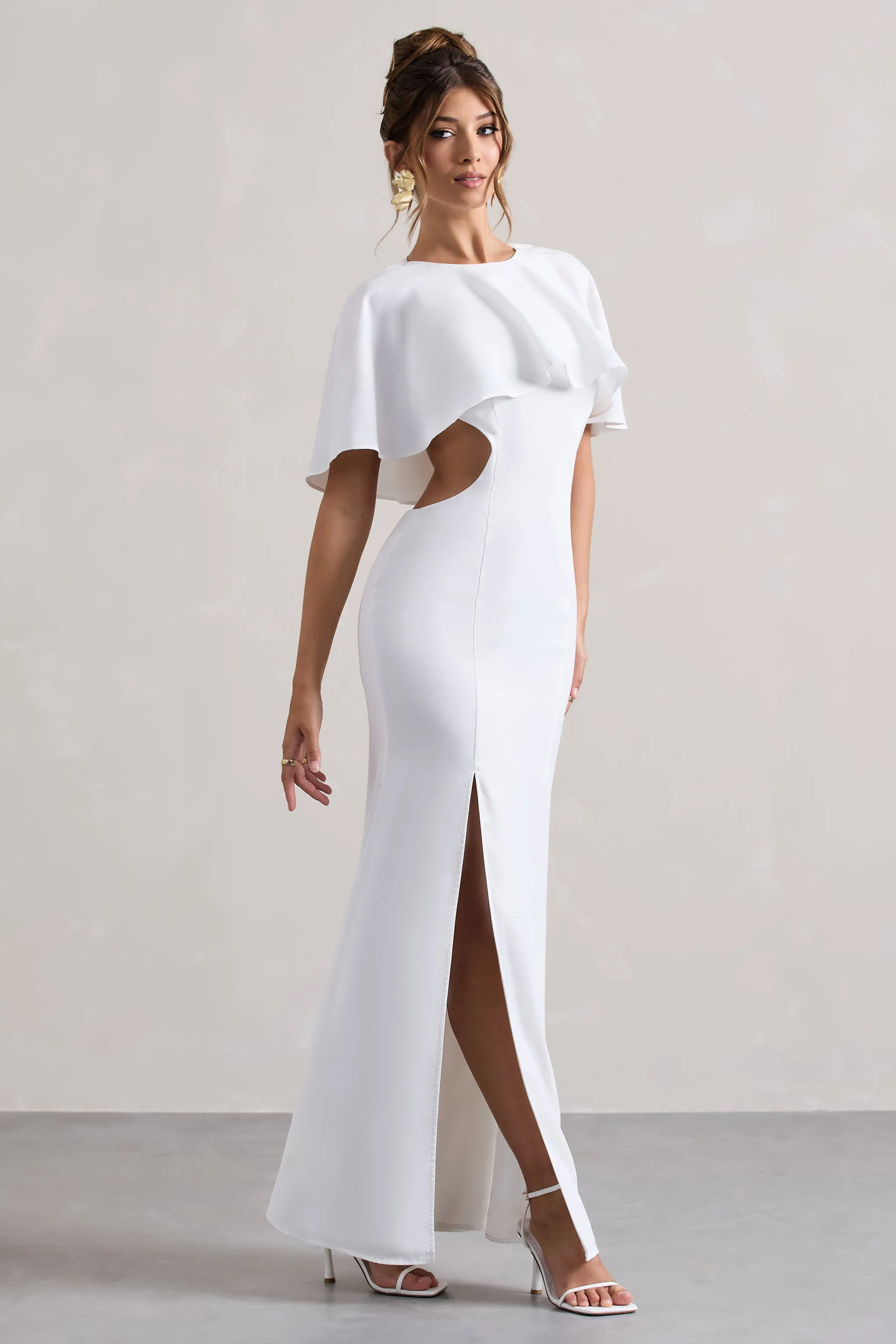 Isadora | Ivory Cut-Out Split Maxi Dress With Cape Club L London