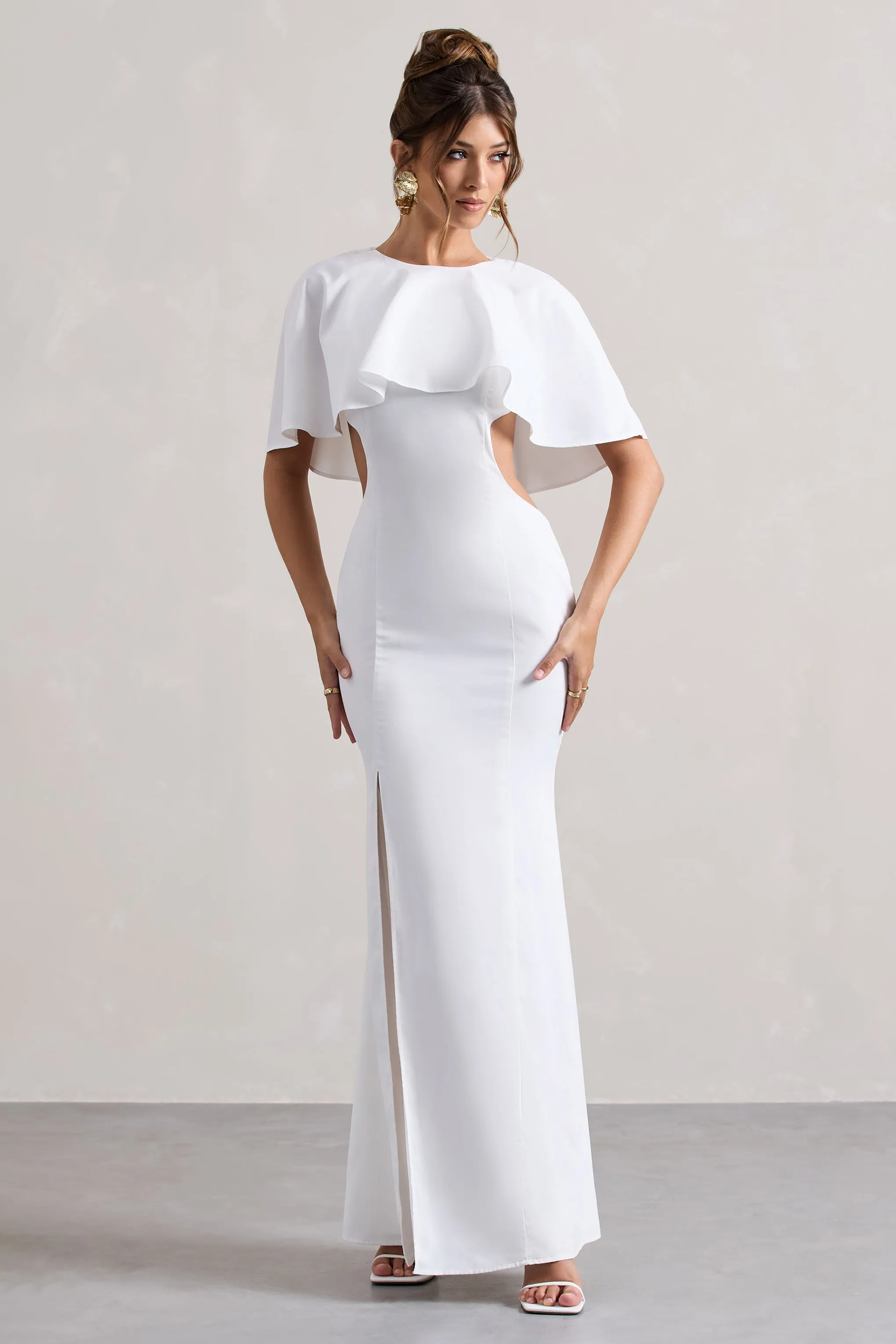 Isadora | Ivory Cut-Out Split Maxi Dress With Cape Club L London
