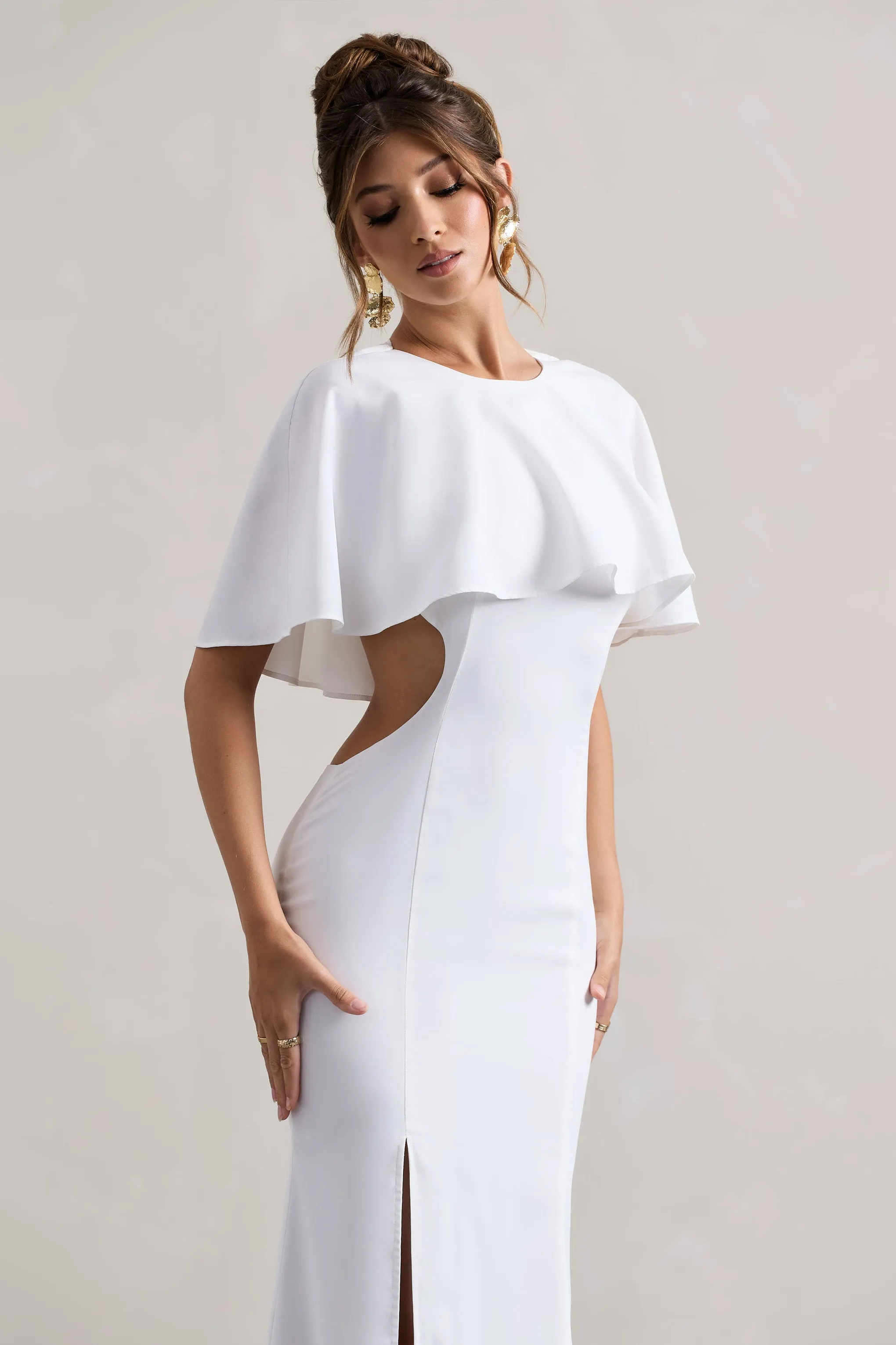 Isadora | Ivory Cut-Out Split Maxi Dress With Cape Club L London