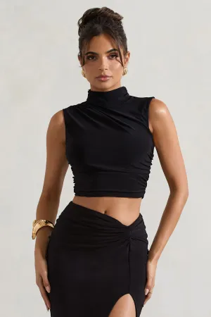 Ischia | Black High-Neck Ruched Top Club L London