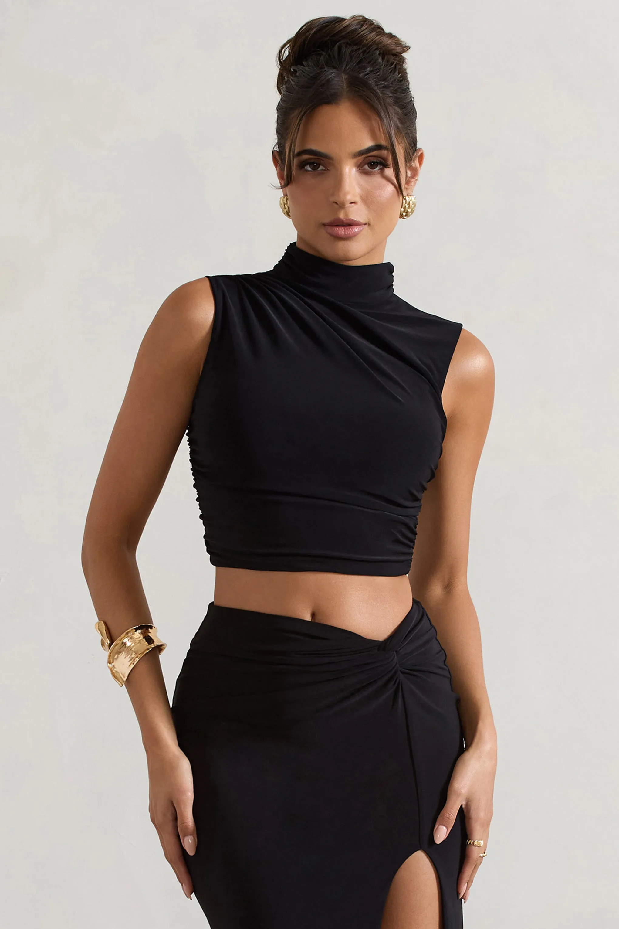 Ischia | Black High-Neck Ruched Top Club L London