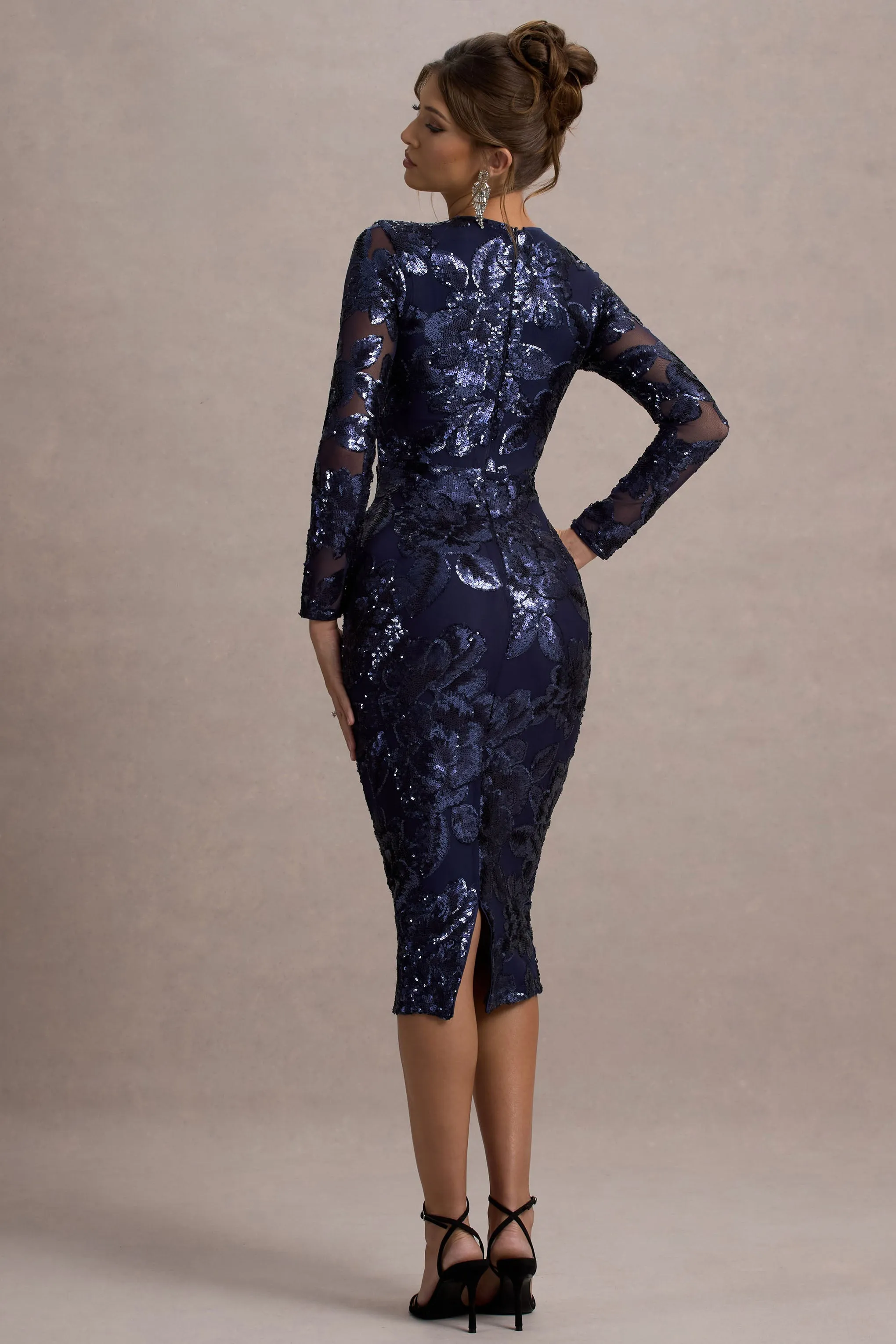 Ishana | Navy Sequin Long-Sleeve Midi Dress Club L London