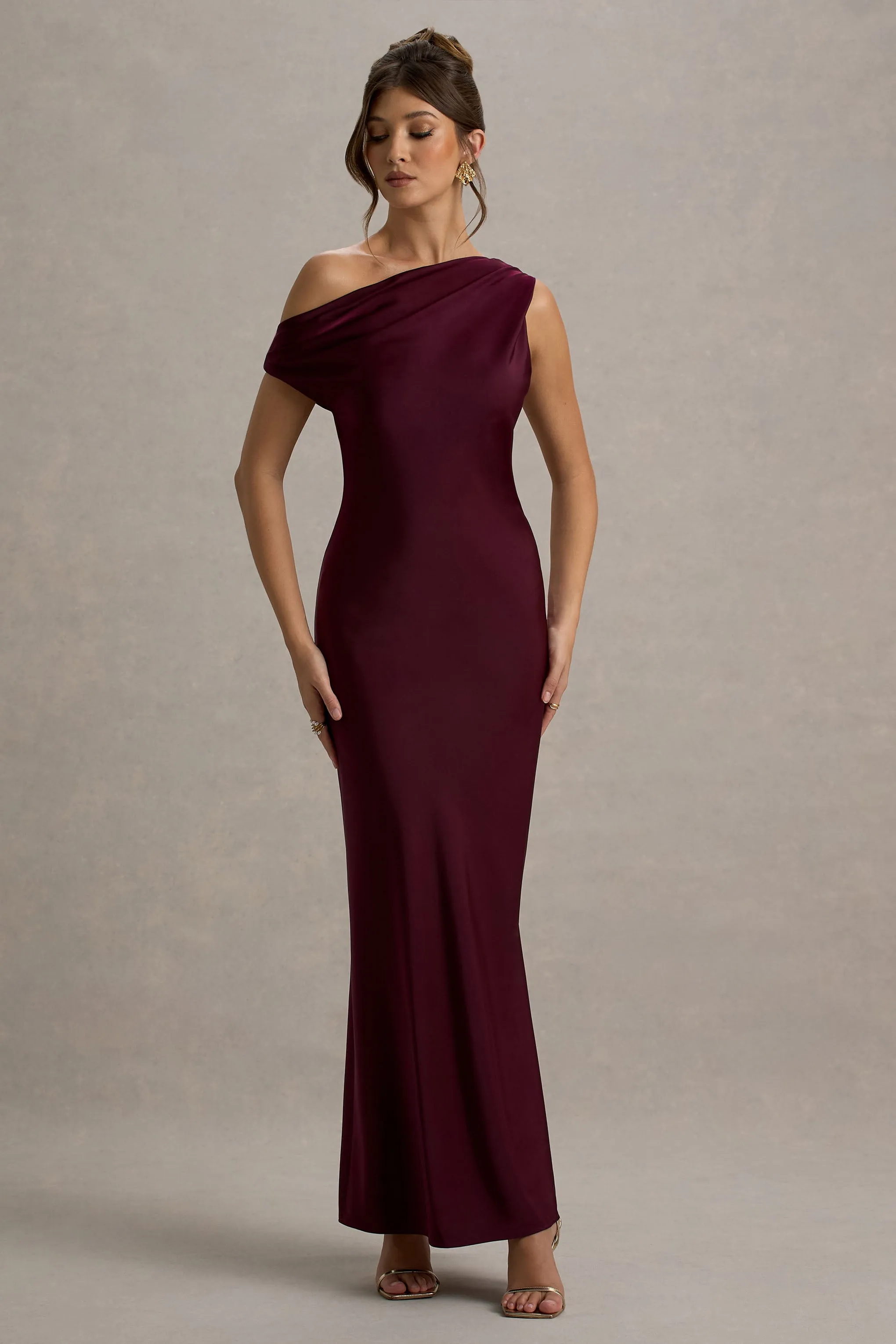 Isolde | Burgundy Satin One-Shoulder Maxi Dress Club L London