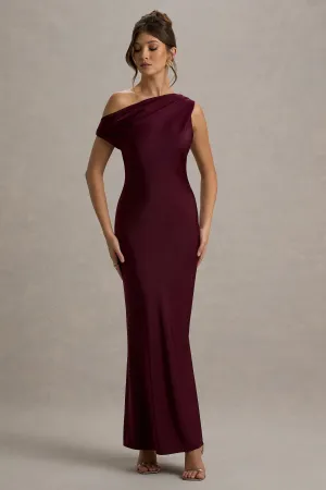 Isolde | Burgundy Satin One-Shoulder Maxi Dress Club L London