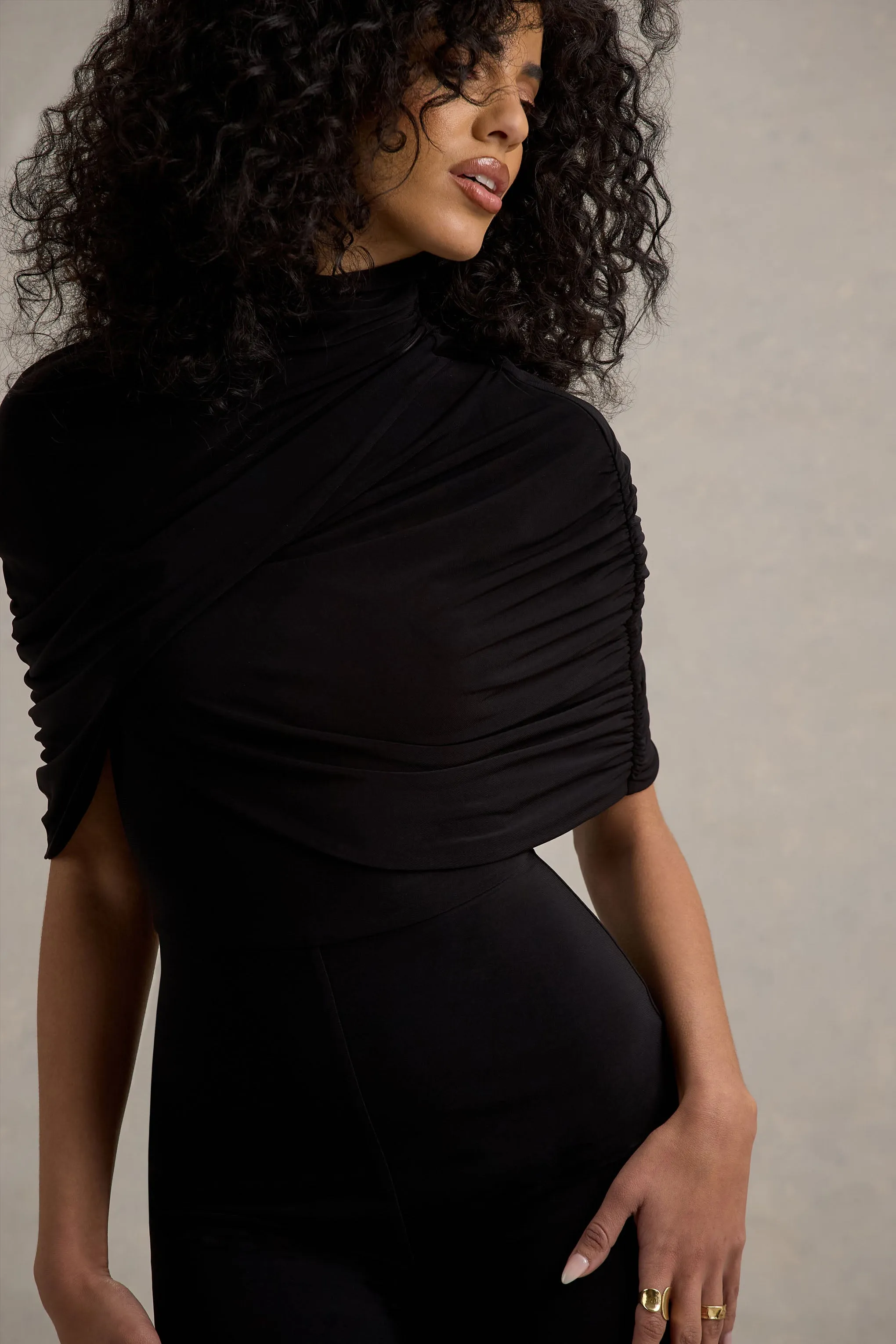 Isoline | Black Twist Cape Flared-Leg Jumpsuit Club L London
