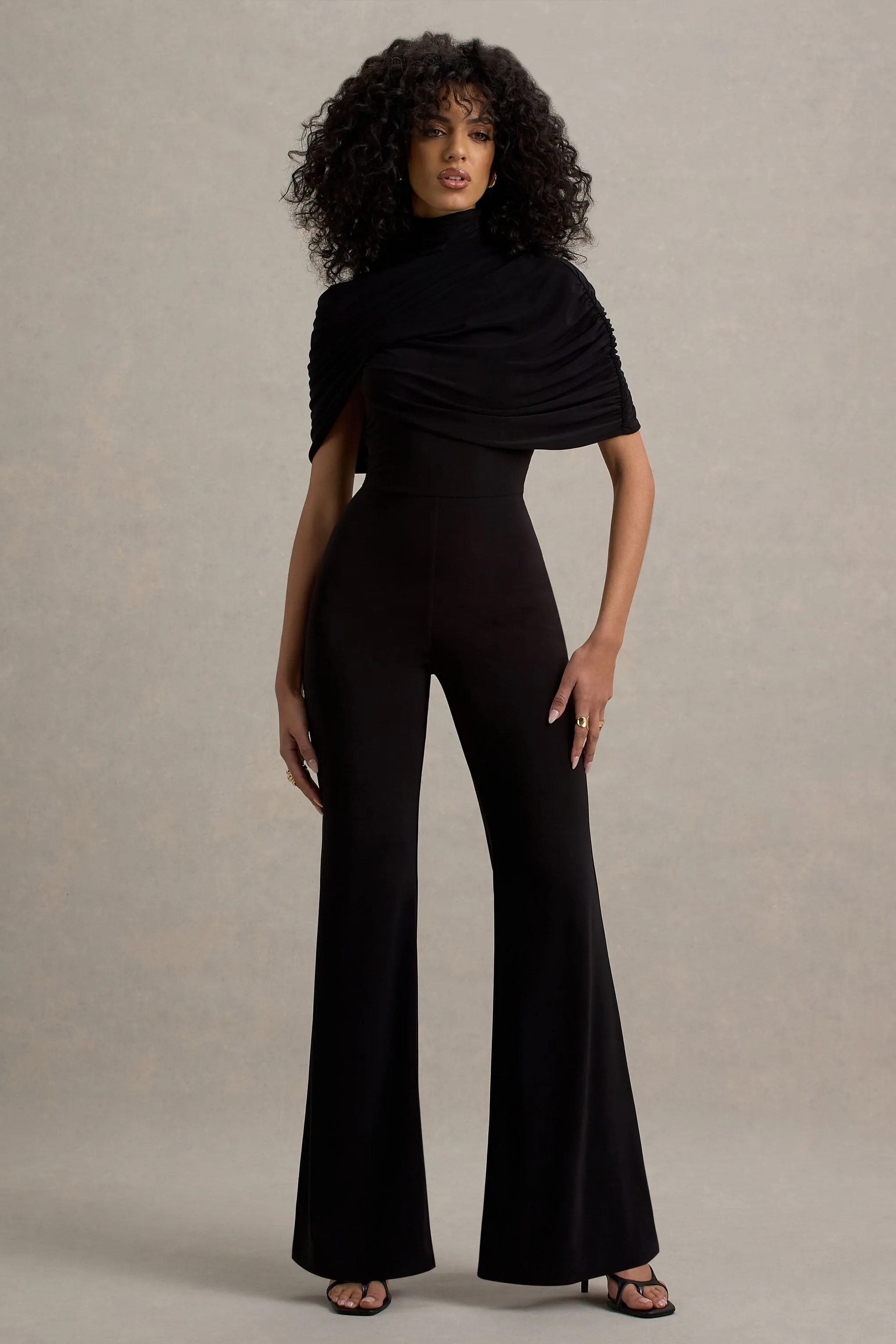 Isoline | Black Twist Cape Flared-Leg Jumpsuit Club L London