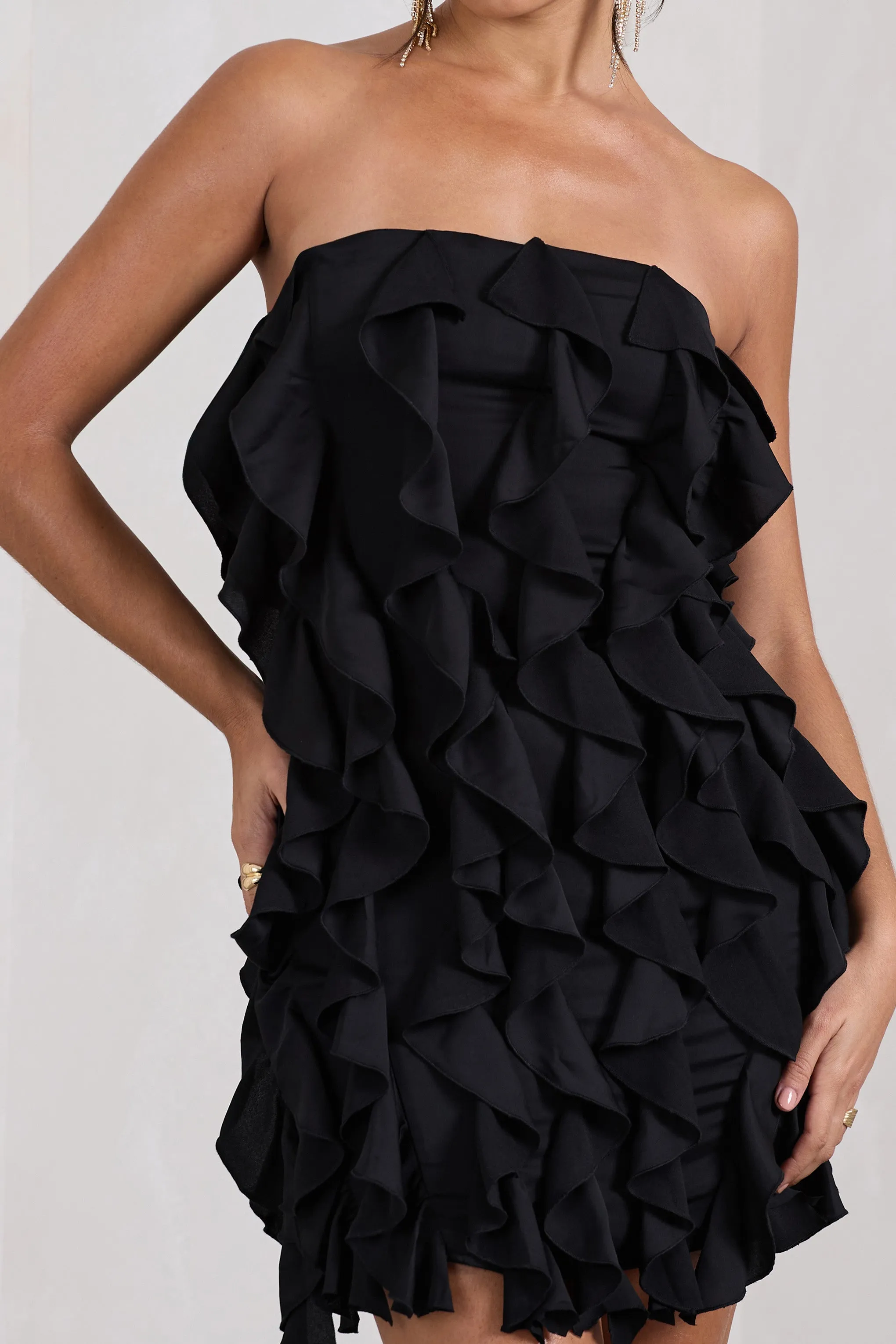 It Girl | Black Bandeau Bodycon Mini Dress With Ruffles Club L London