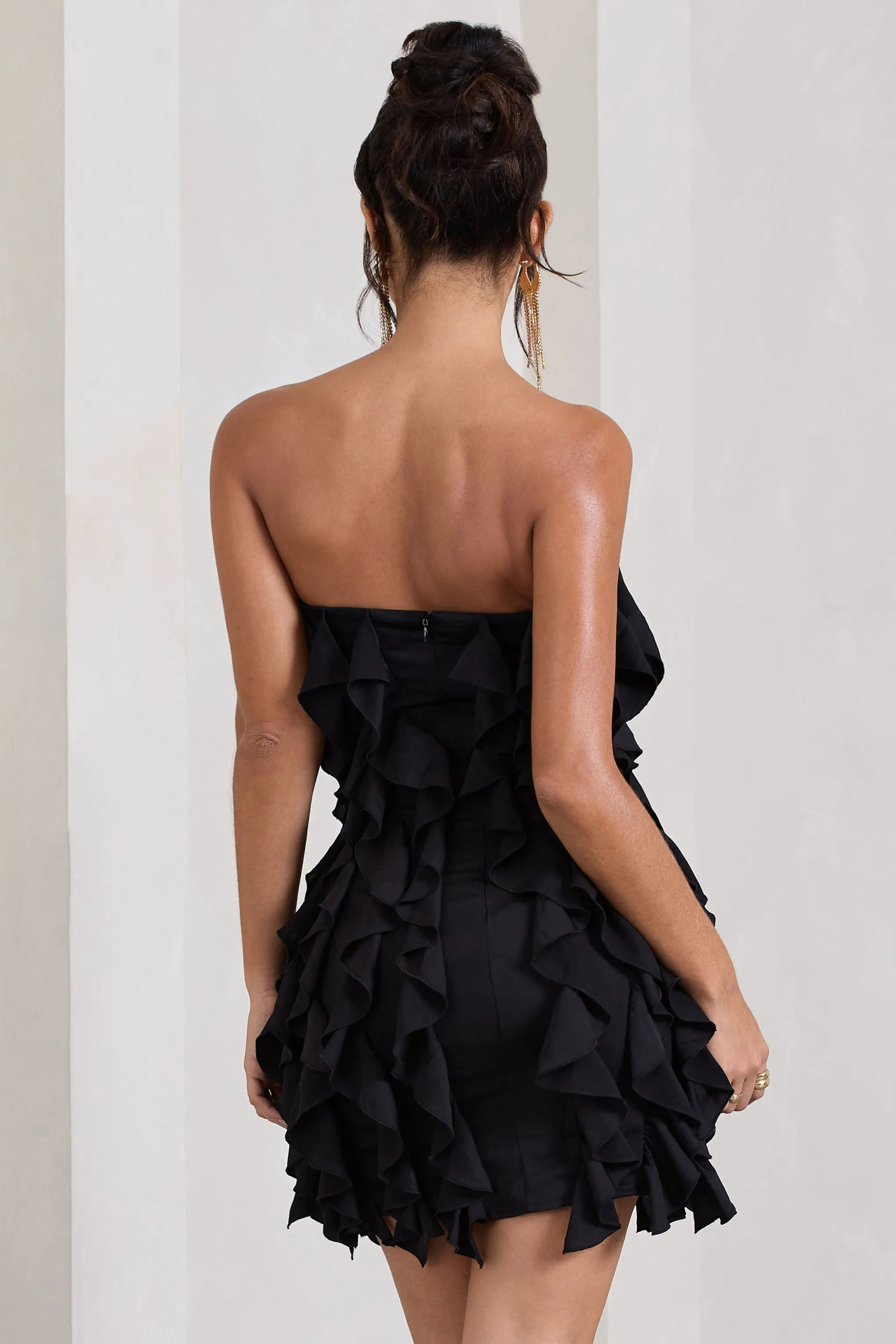 It Girl | Black Bandeau Bodycon Mini Dress With Ruffles Club L London