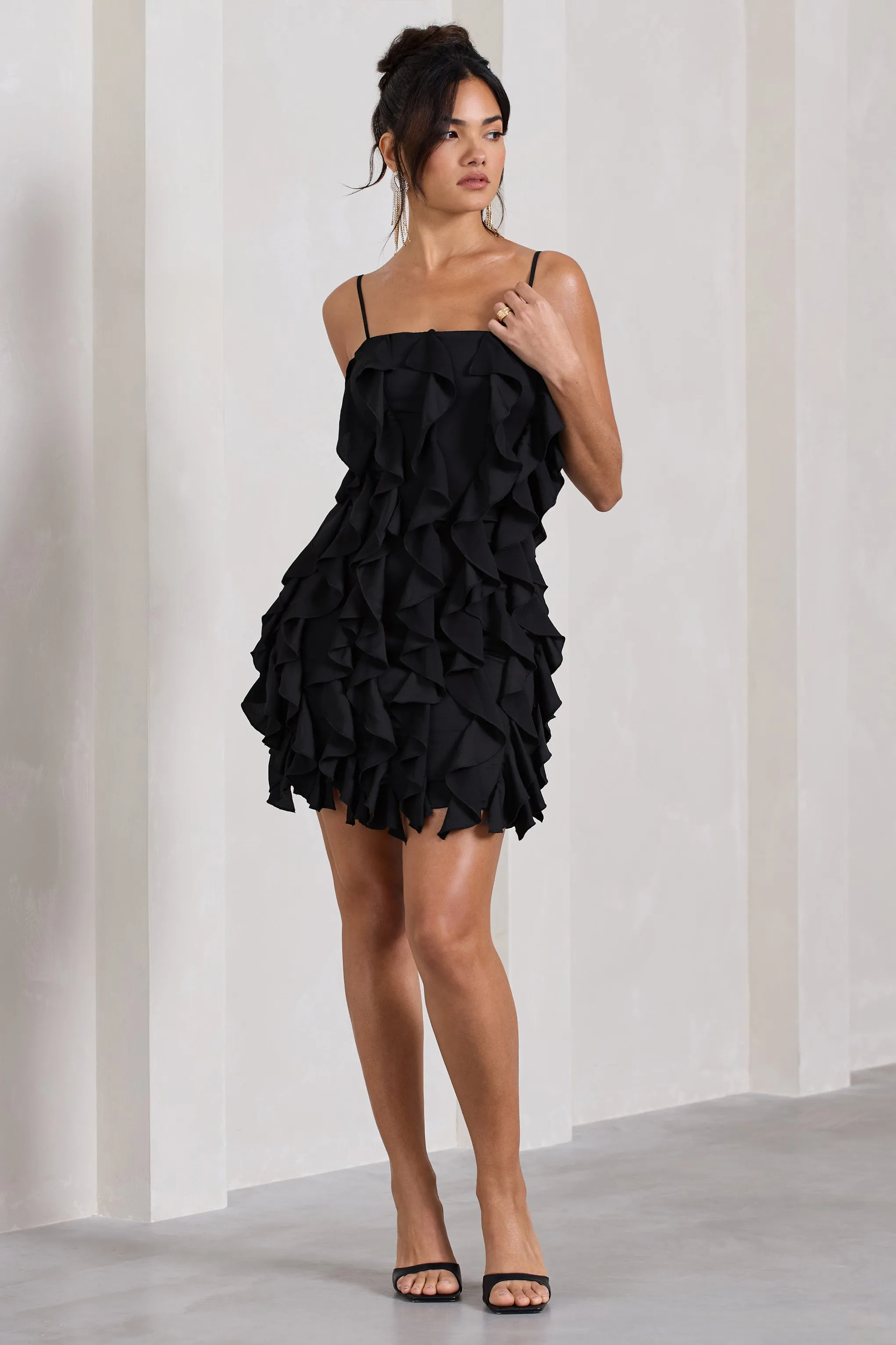 It Girl | Black Bandeau Bodycon Mini Dress With Ruffles Club L London