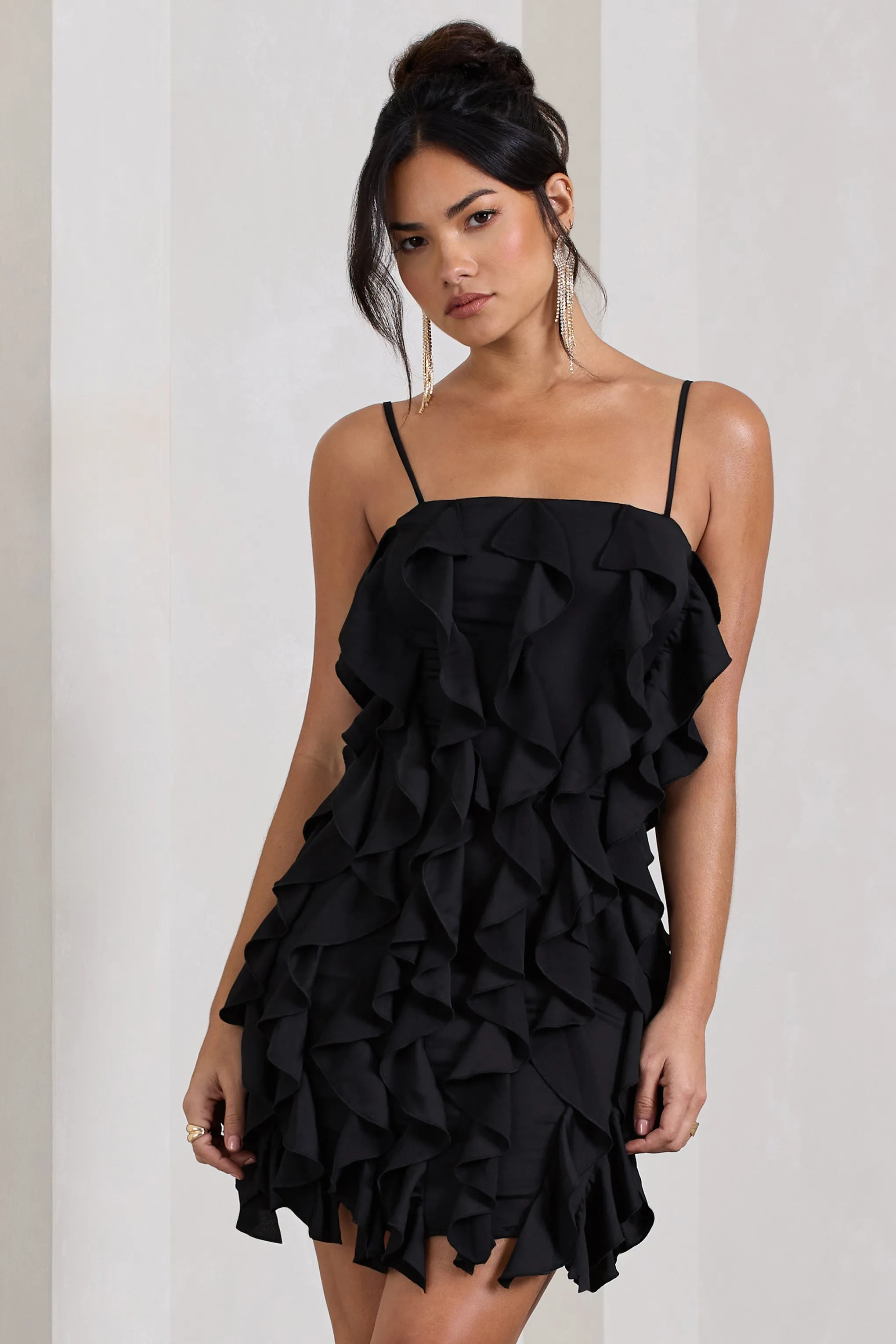 It Girl | Black Bandeau Bodycon Mini Dress With Ruffles Club L London