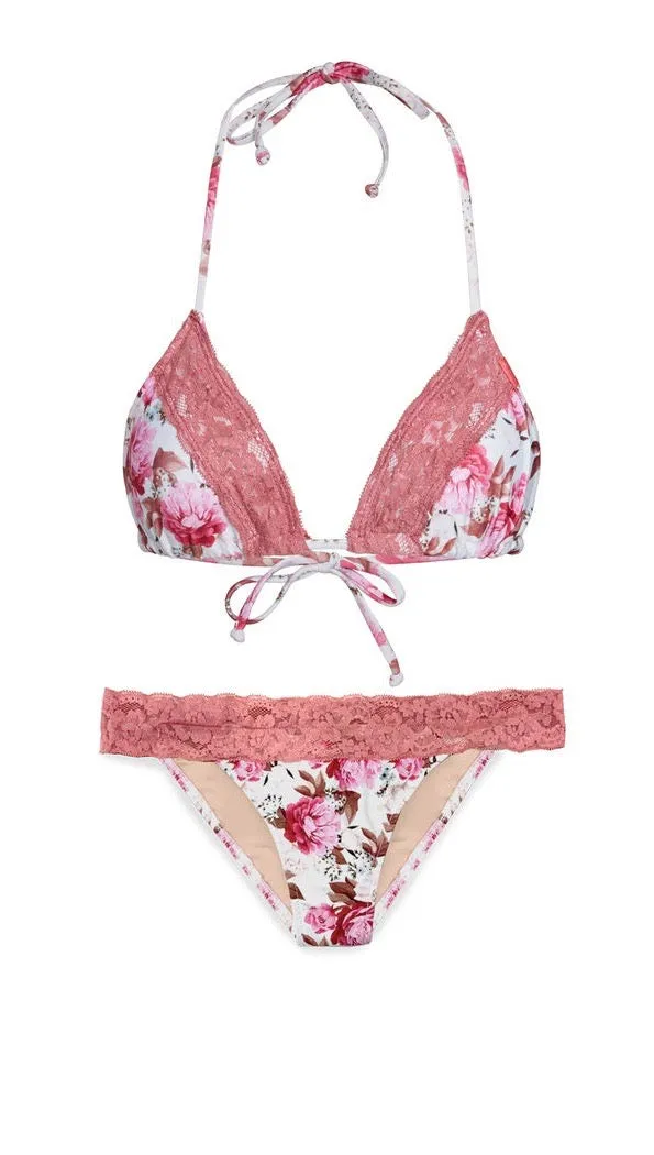 Ivory Pink Floral Print Mauve Lace Trim Bikini
