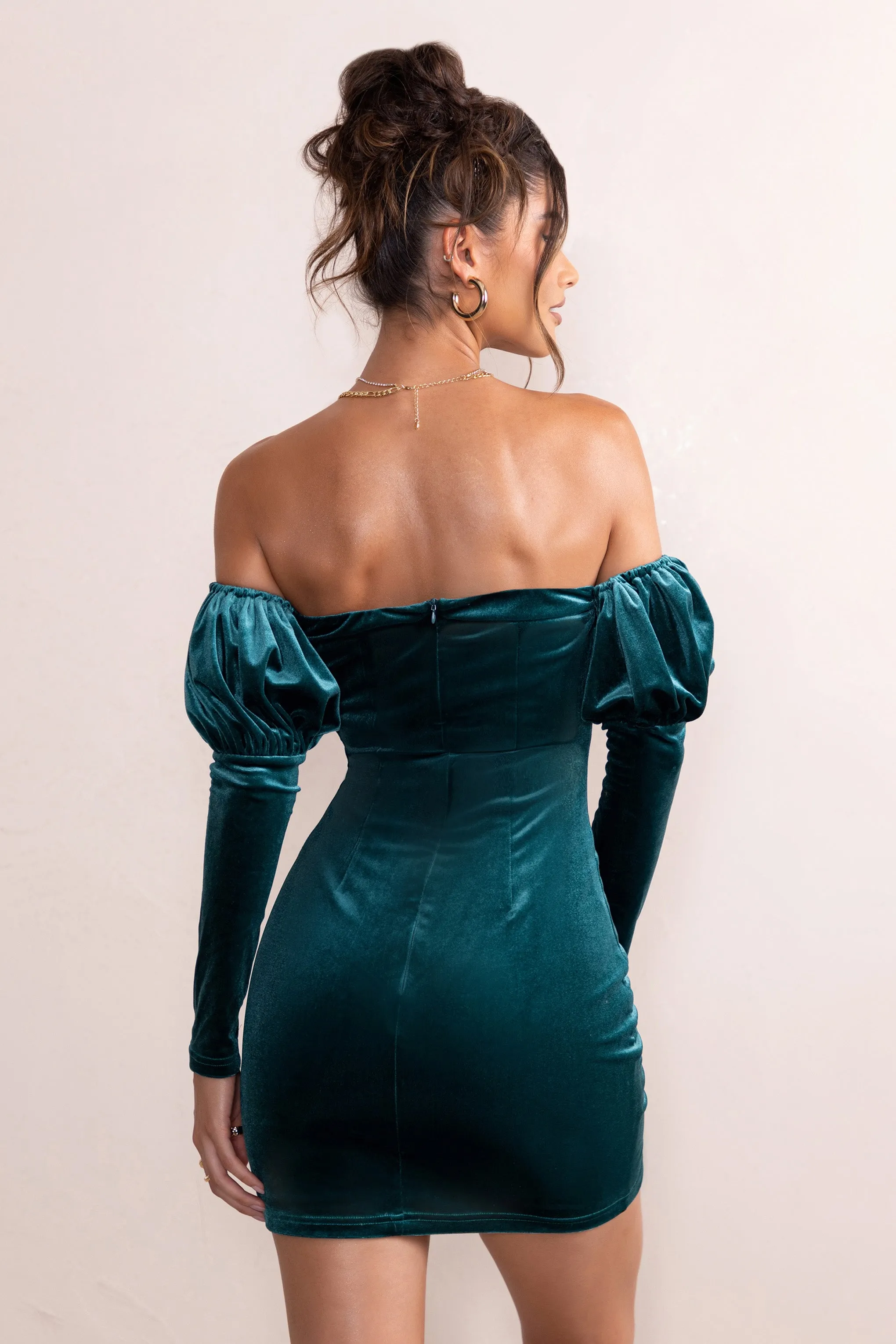 Ivy | Teal Velvet Cut Out Mini Dress With Ruffle Sleeves Club L London
